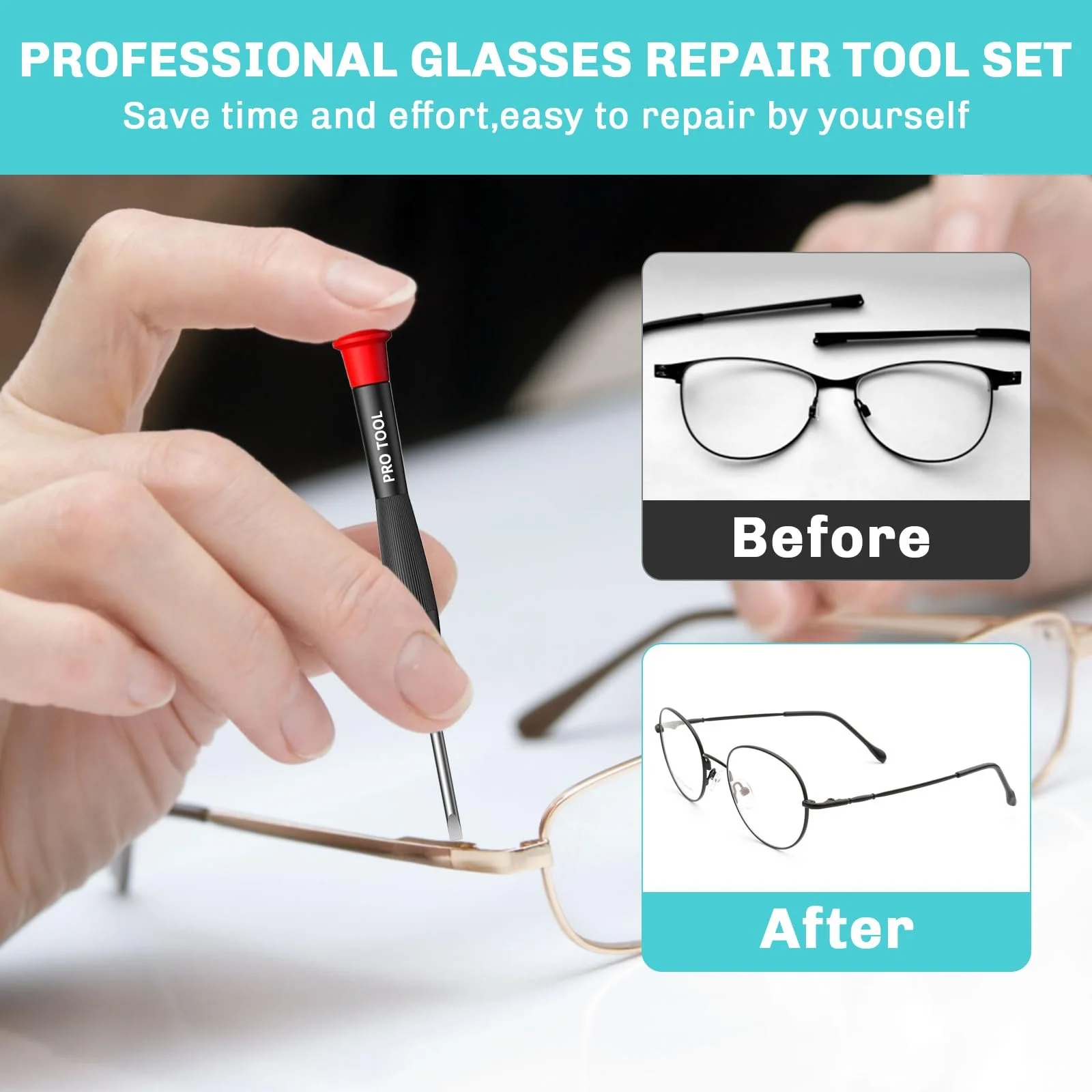 Набір для ремонту окулярів з гвинтами, носоупорами, пінцетом та прецизійними викрутками, фото №6