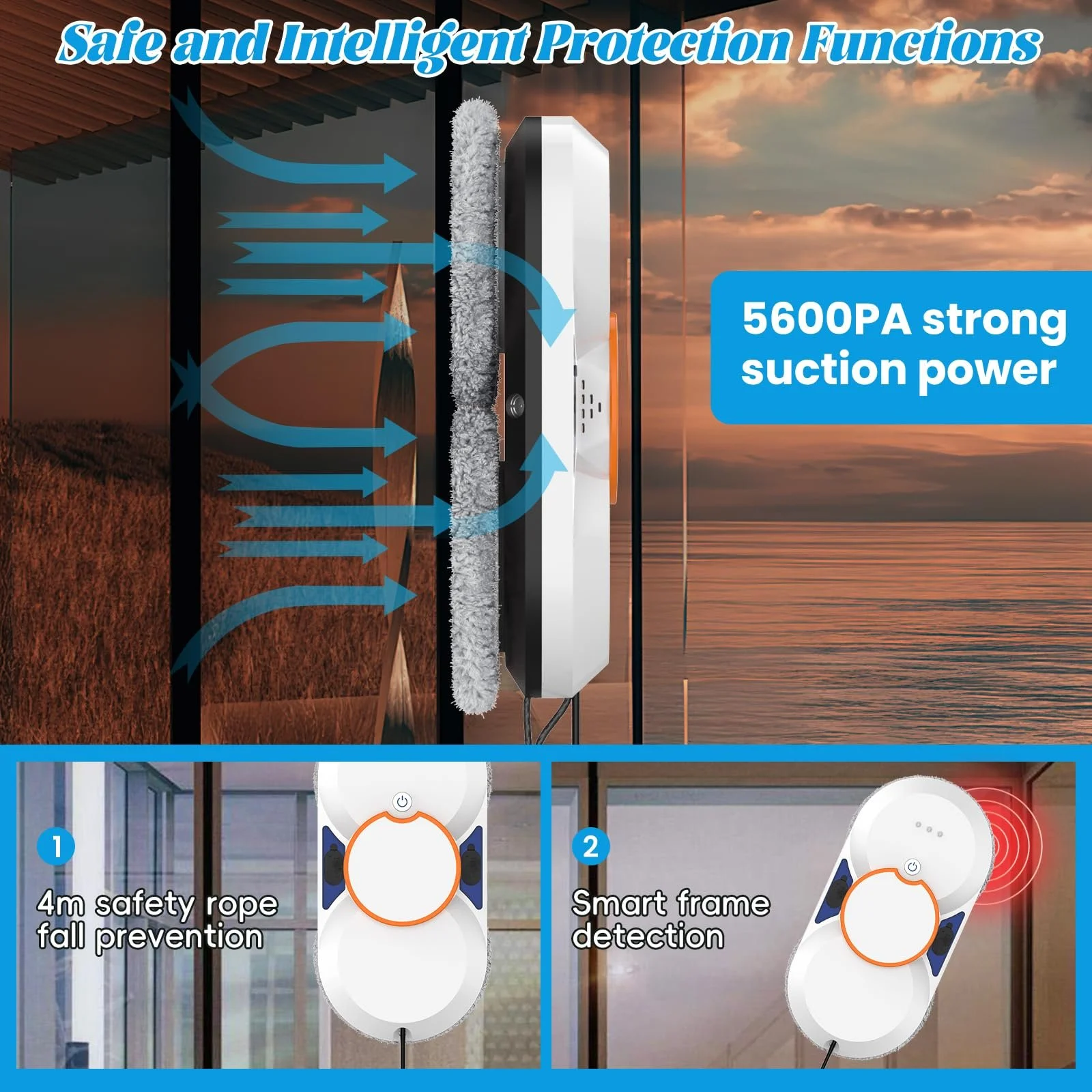 Робот для миття вікон, 5600 Па, інтелектуальна навігація, дистанційне керування, 3 режими очищення, система безпеки та вісім серветок для чищення, фото №2 Робот для миття вікон, 5600 Па, інтелектуальна навігація, дистанційне керування, 3 режими очищення, система безпеки та вісім серветок для чищення, фото №2