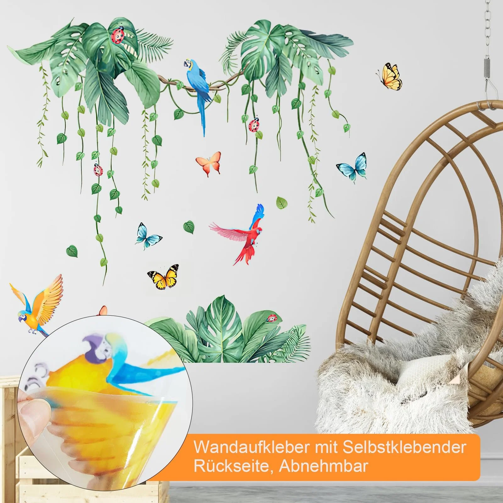 Наклейка на стіну Tropical Jungle Plants Hanging Vine Palm Trees Birds Зелена, фото №3