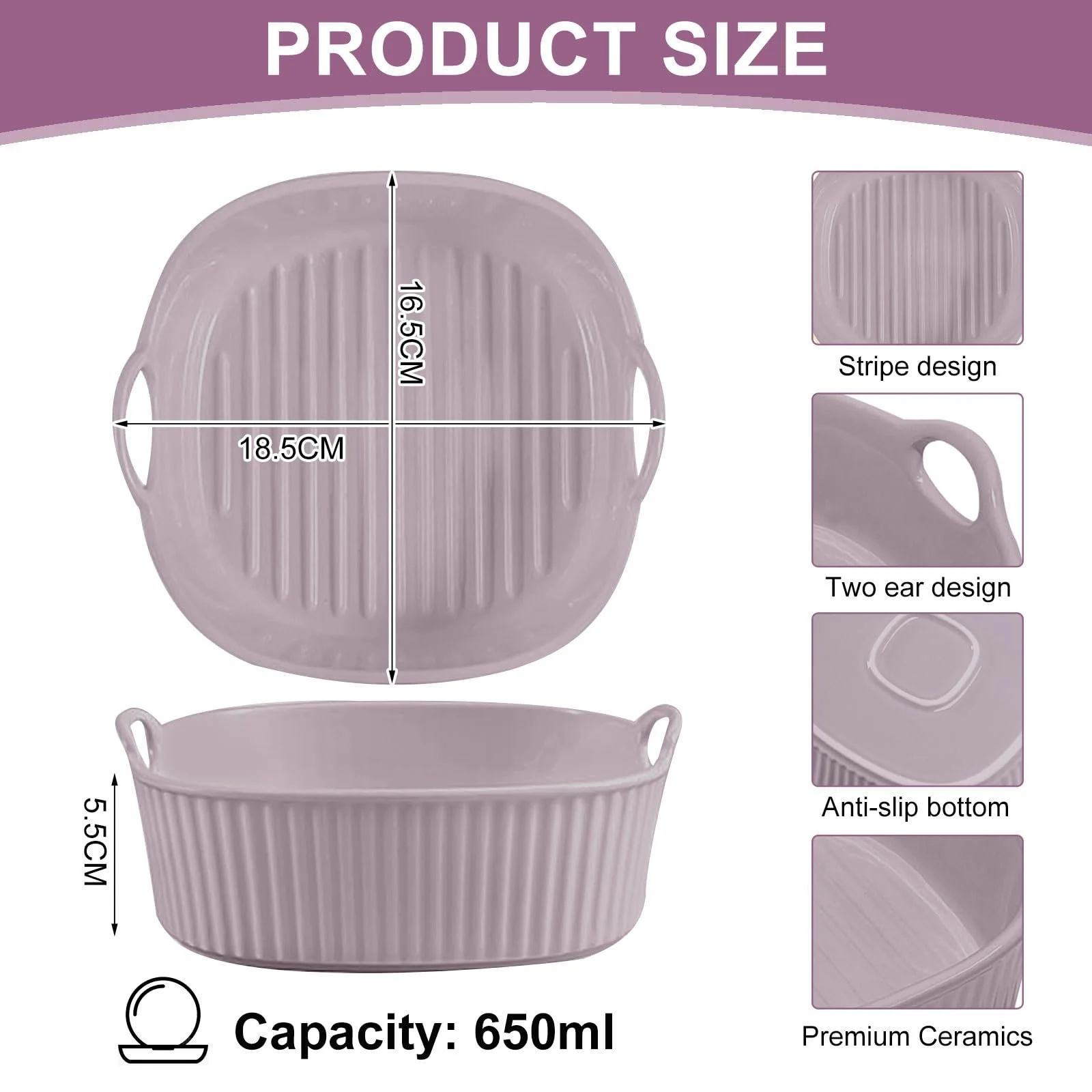 Форма для запекания Round Casserole Dish Ceramic 18.5 x 16.5 x 5.5 см Фиолетовая, фото №2