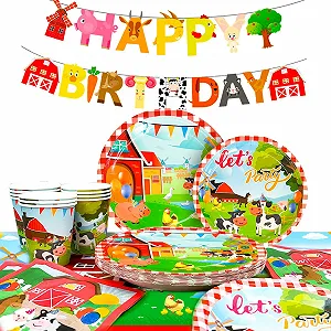 Набір посуду для фермерської вечірки 16 Ферма Тварини Тарілки Стакани Серветки Скатертина Банер - Фото 1