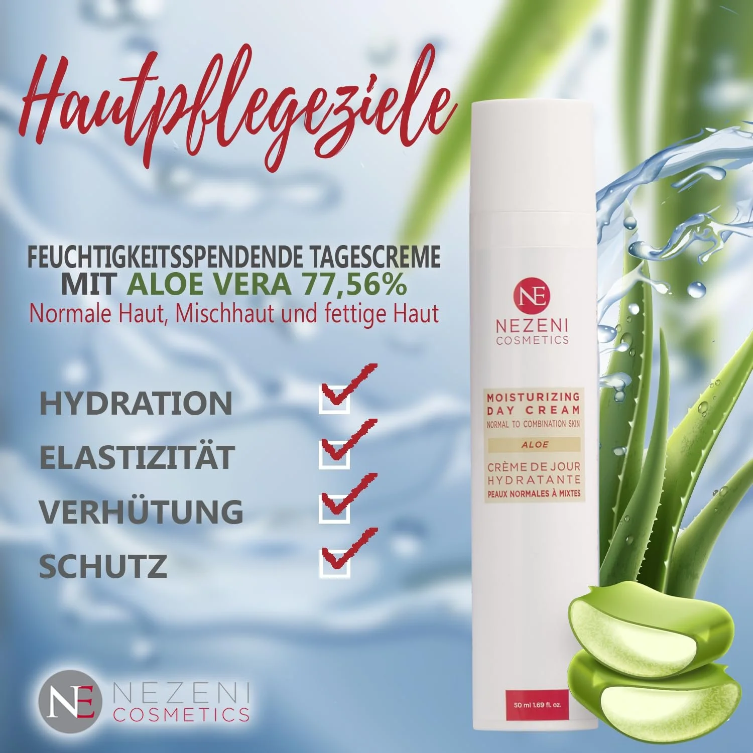 Зволожувальний крем для обличчя Nezeni Aloe Vera 79.70% 17 активних інгредієнтів для нормальної, жирної та комбінованої шкіри, фото №7