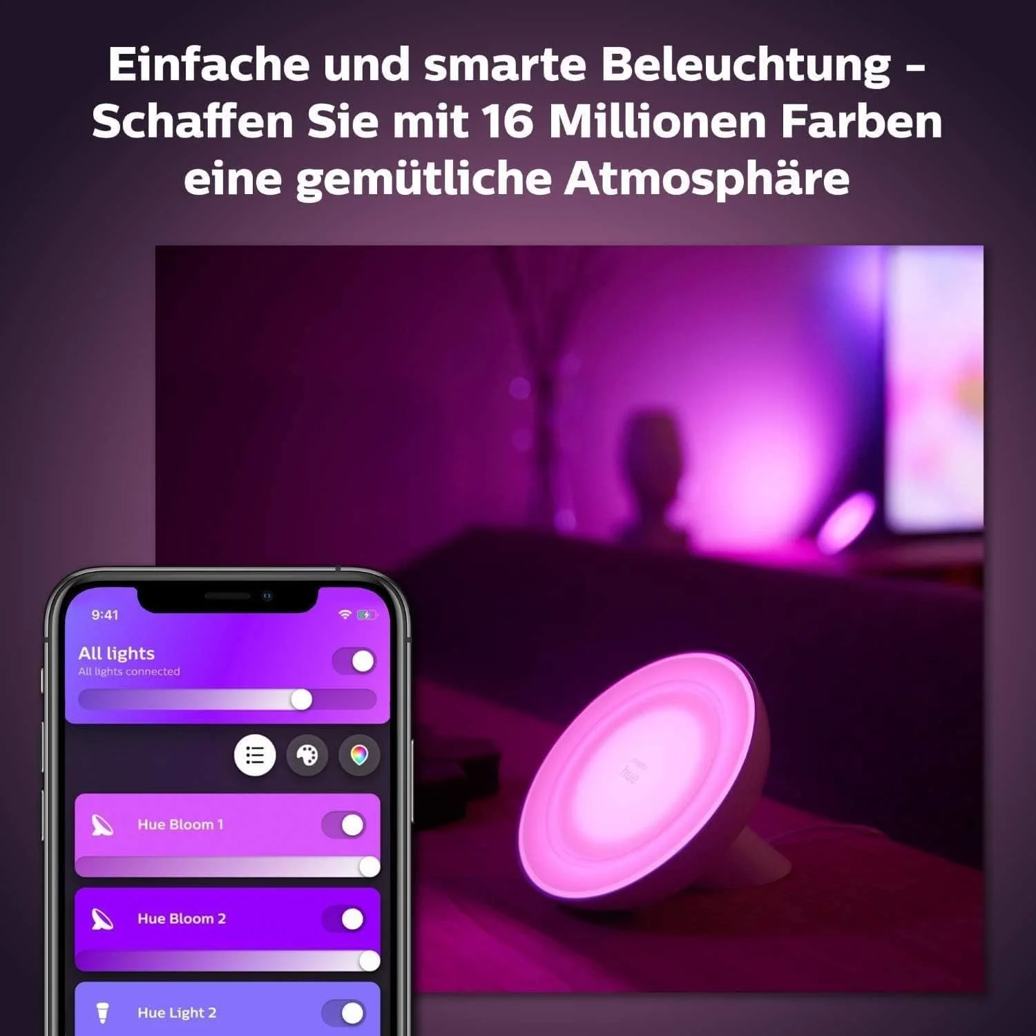 Настільна лампа Philips Hue White and Colour Ambiance Bloom LED Чорна Регульована яскравість 16 мільйонів кольорів Керування через додаток, фото №5
