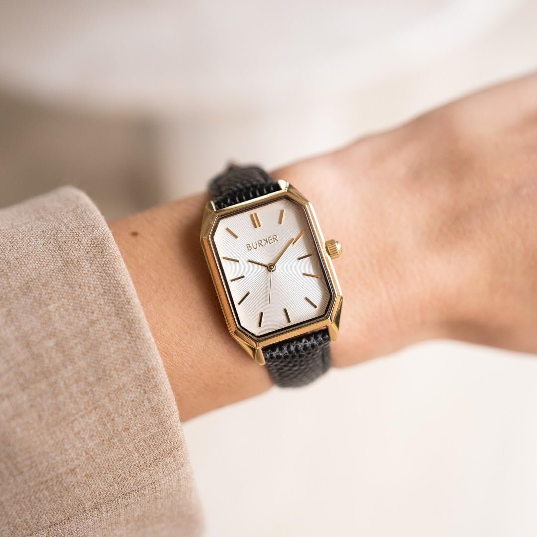 Женские часы BURKER Isabell Прямоугольные Аналоговые Кварцевые 28 мм Золотой Черная Кожа, фото №2