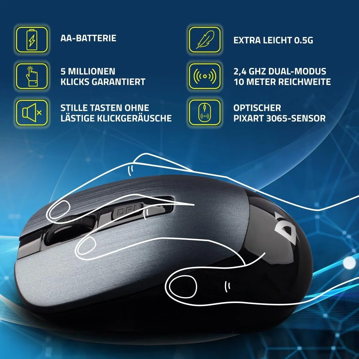 Мышь беспроводная Defender Wave - 2.4 GHz, 1600 DPI, оптический сенсор, 50 г, PTFE ножки, серый, фото №4