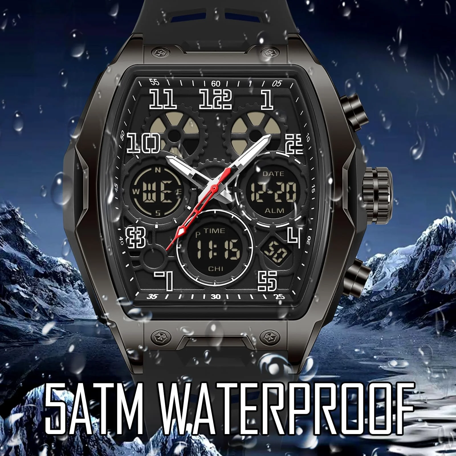 Часы спортивные цифровые мужские Findtime Большой циферблат Водонепроницаемые светодиодная подсветка Будильник Секундомер Уникальный дизайн двойной, фото №2