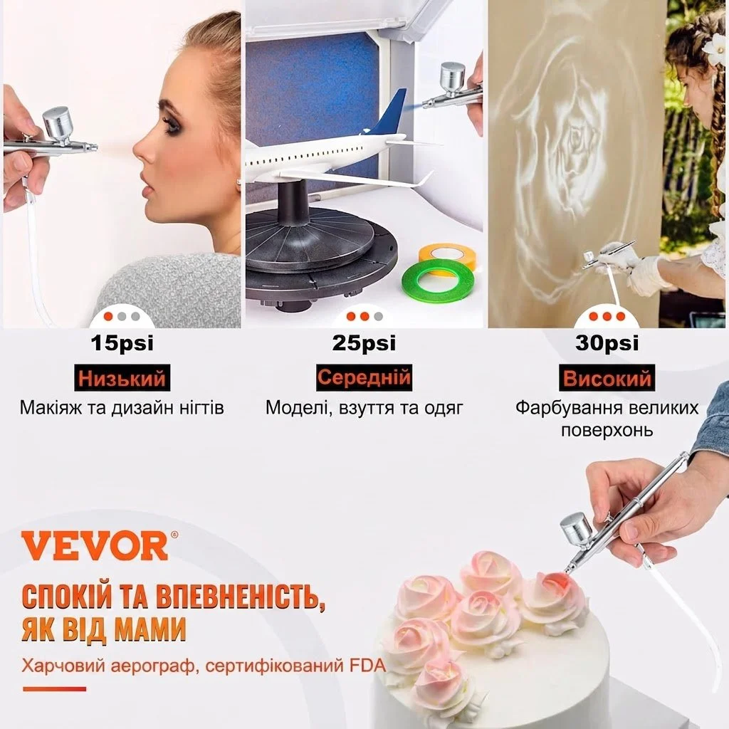 Набор аэрографа с компрессором VEVOR TC-101A 30psi 220V 0.2/0.3/0.5мм Черный, фото №4