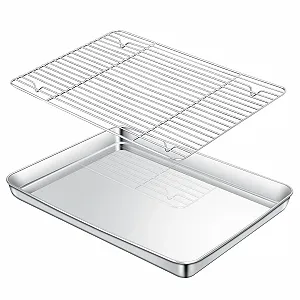 Противень для выпечки Cozary с решеткой для охлаждения 31,5 x 24,5 x 2,5 см нержавеющая сталь 304 прямоугольный - Фото 1