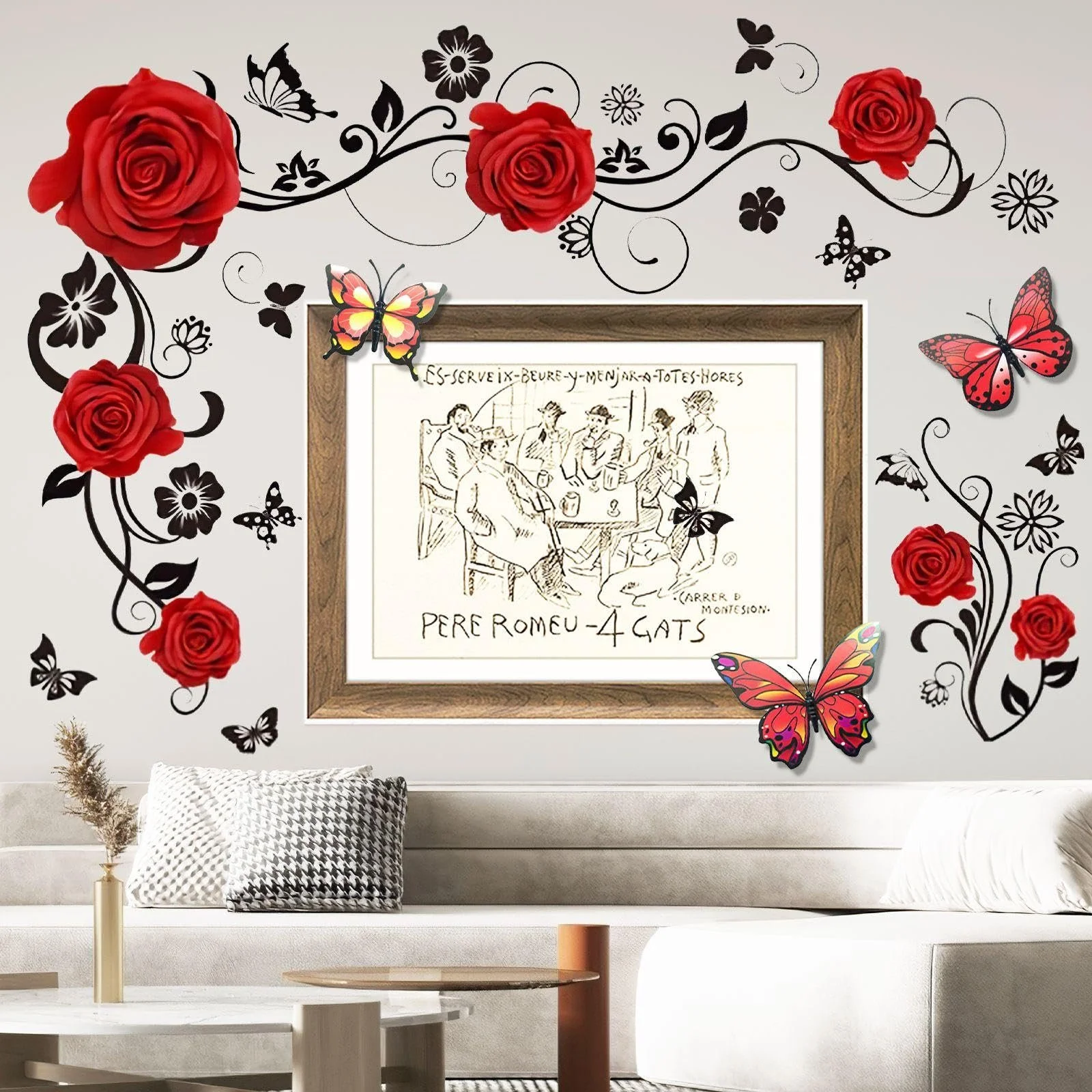 Наклейки на стіну eleer Троянда та 12 декоративних метеликів Червоно-чорні, фото №4
