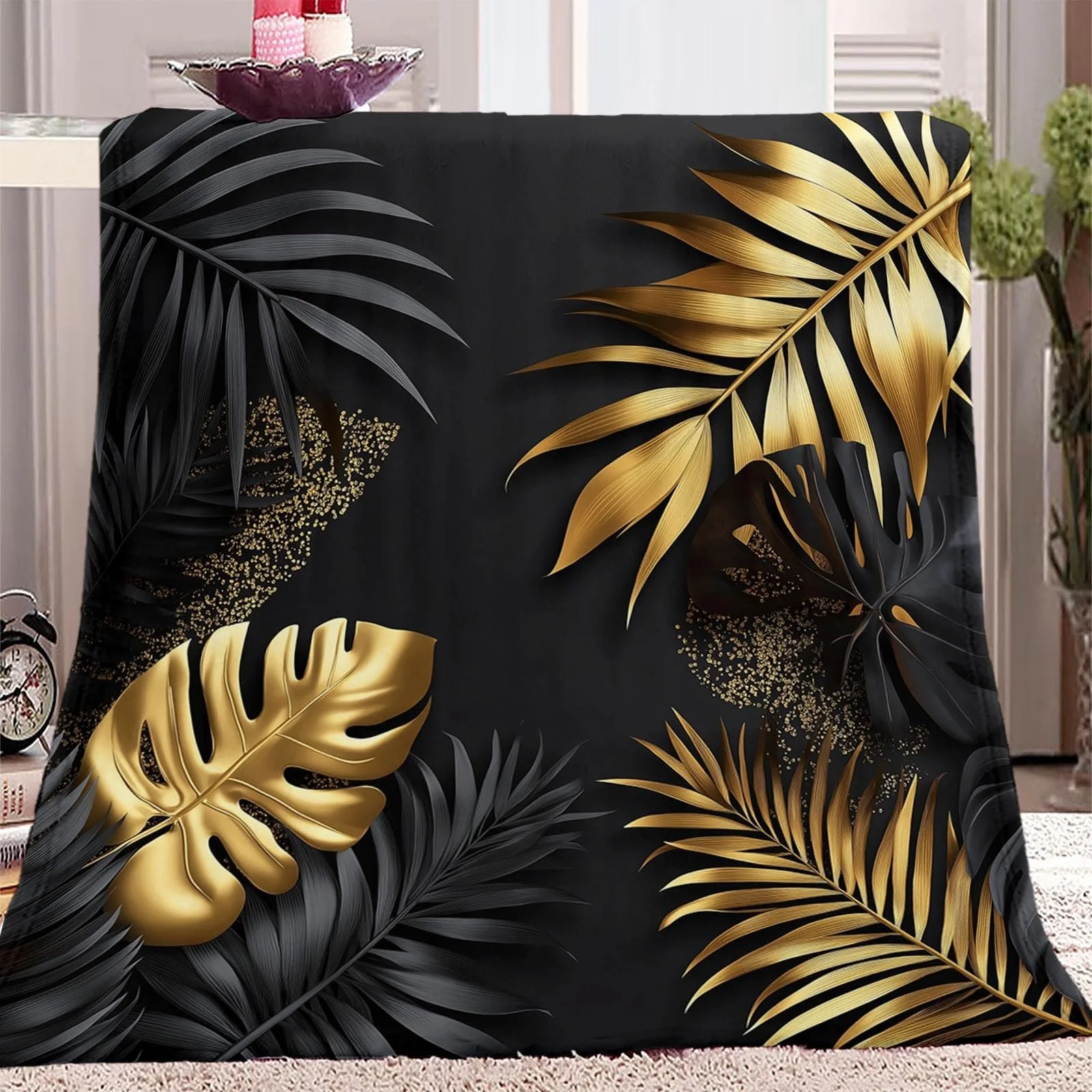 Плед Cuddly Теплый Tropical Luxury Monster Leaf Pattern 150 x 200 см Черный Золотой Фланелевый, фото №2