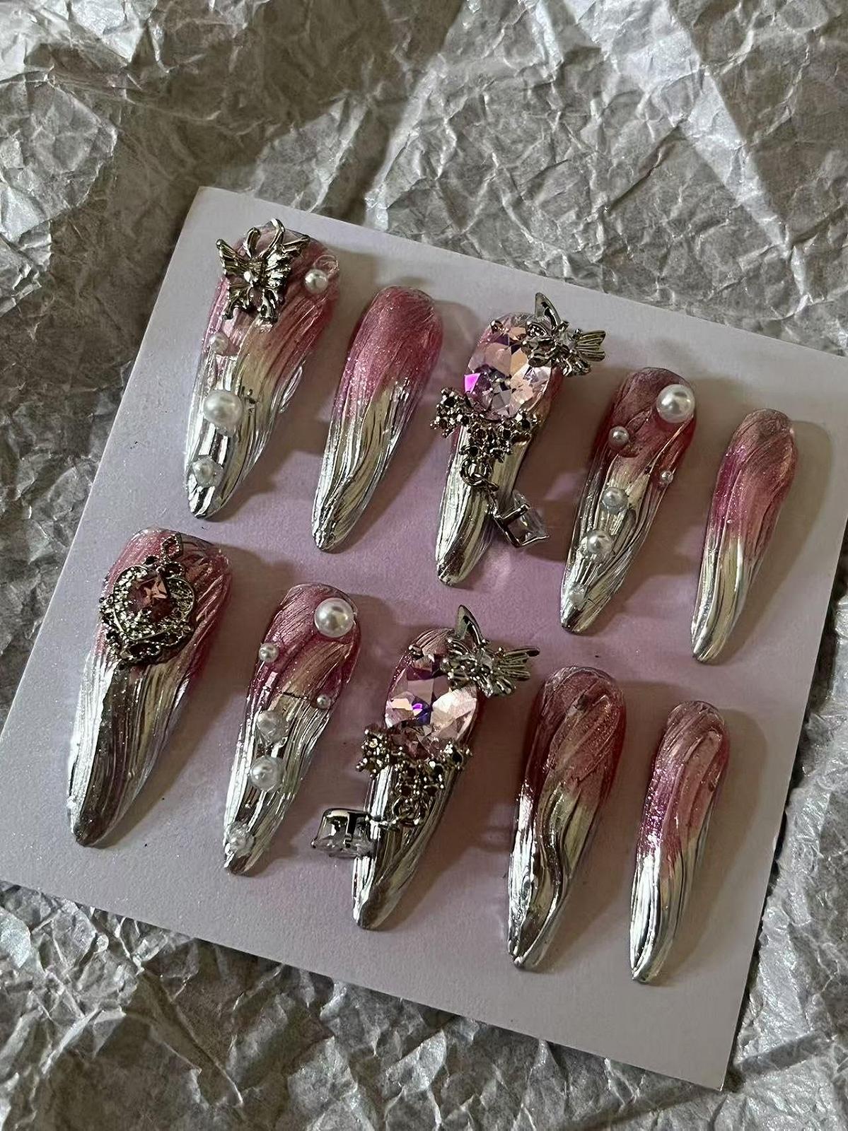 Накладные ногти MouyouGlow Длинные Стилет Аэрография Розовый 3D Бабочка Страз Серебряное Сердце Жемчуг Блестки Y2K Coquette Многоразовые искусственные ногти, 10 штук 208-M, фото №2