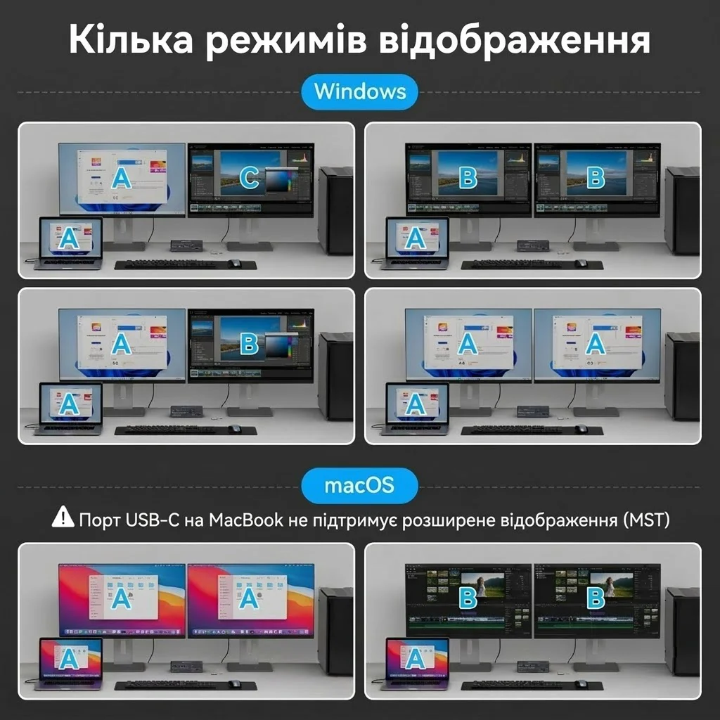 KVM-перемикач TJCXELE 2 PC 2 Monitors / USB-C / HDMI / DisplayPort / 4K 120Hz / 13-in-1, фото №5