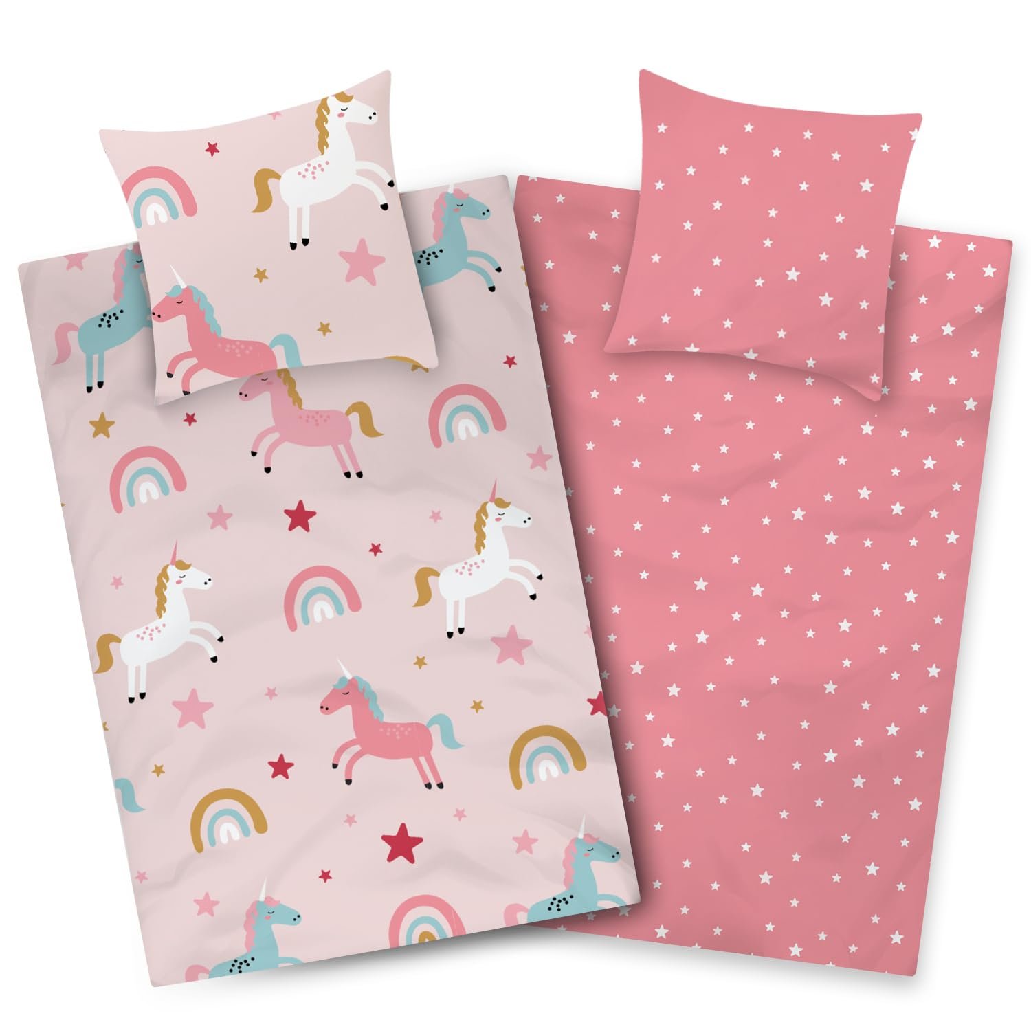 Детское постельное белье Aminata kids 135 x 200 см, рисунок единорога, хлопок, на молнии, розовый/радуга, фото №1