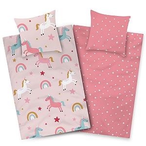 Детское постельное белье Aminata kids 135 x 200 см, рисунок единорога, хлопок, на молнии, розовый/радуга - Фото 1