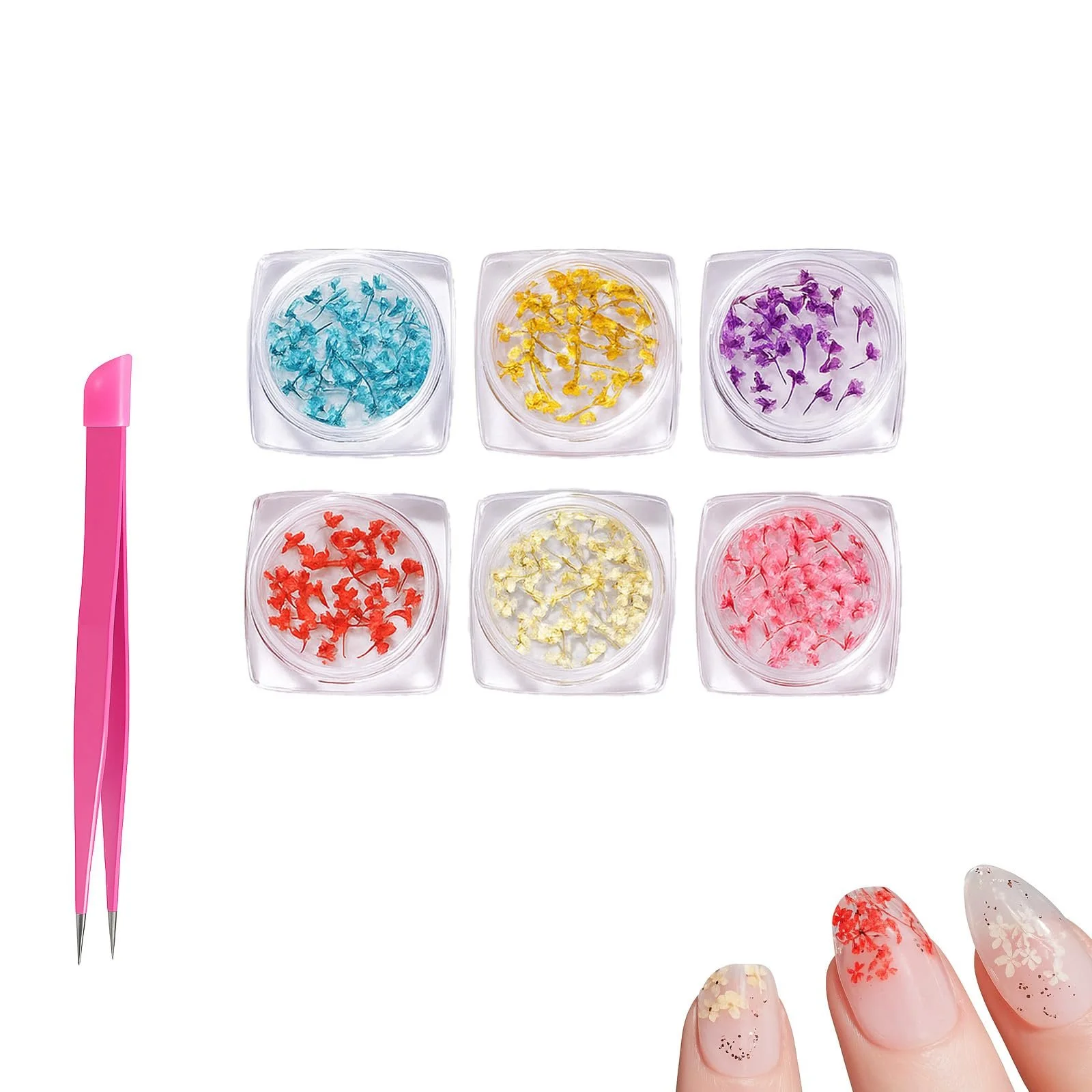 Набор для дизайна ногтей 6 Dried Flowers Bottles Pink 2-in-1 Tweezers Professional, фото №1