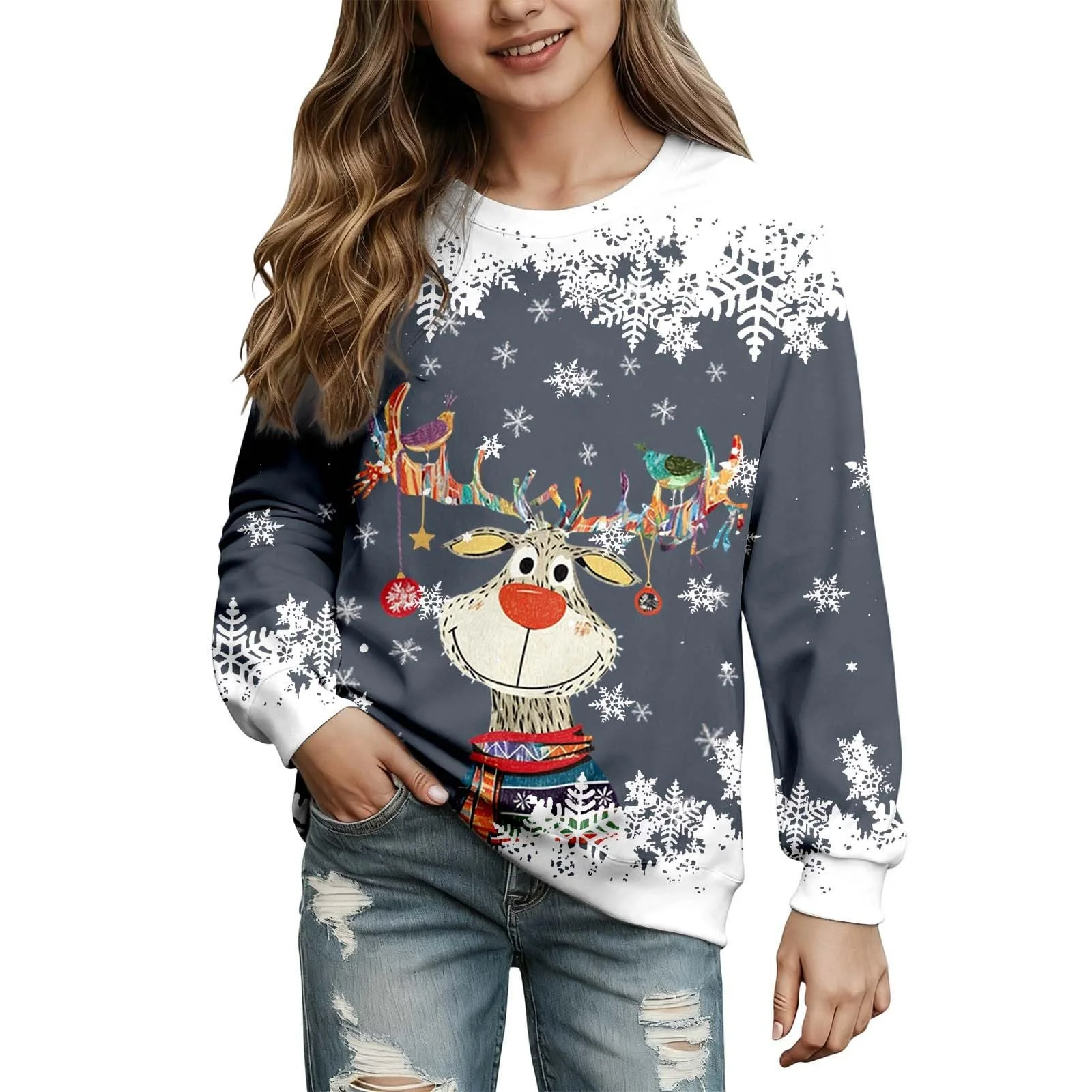 Рождественский свитер для девочек Merry Christmas, рождественский пуловер, рождественский свитшот с круглым вырезом и длинными рукавами, фото №1