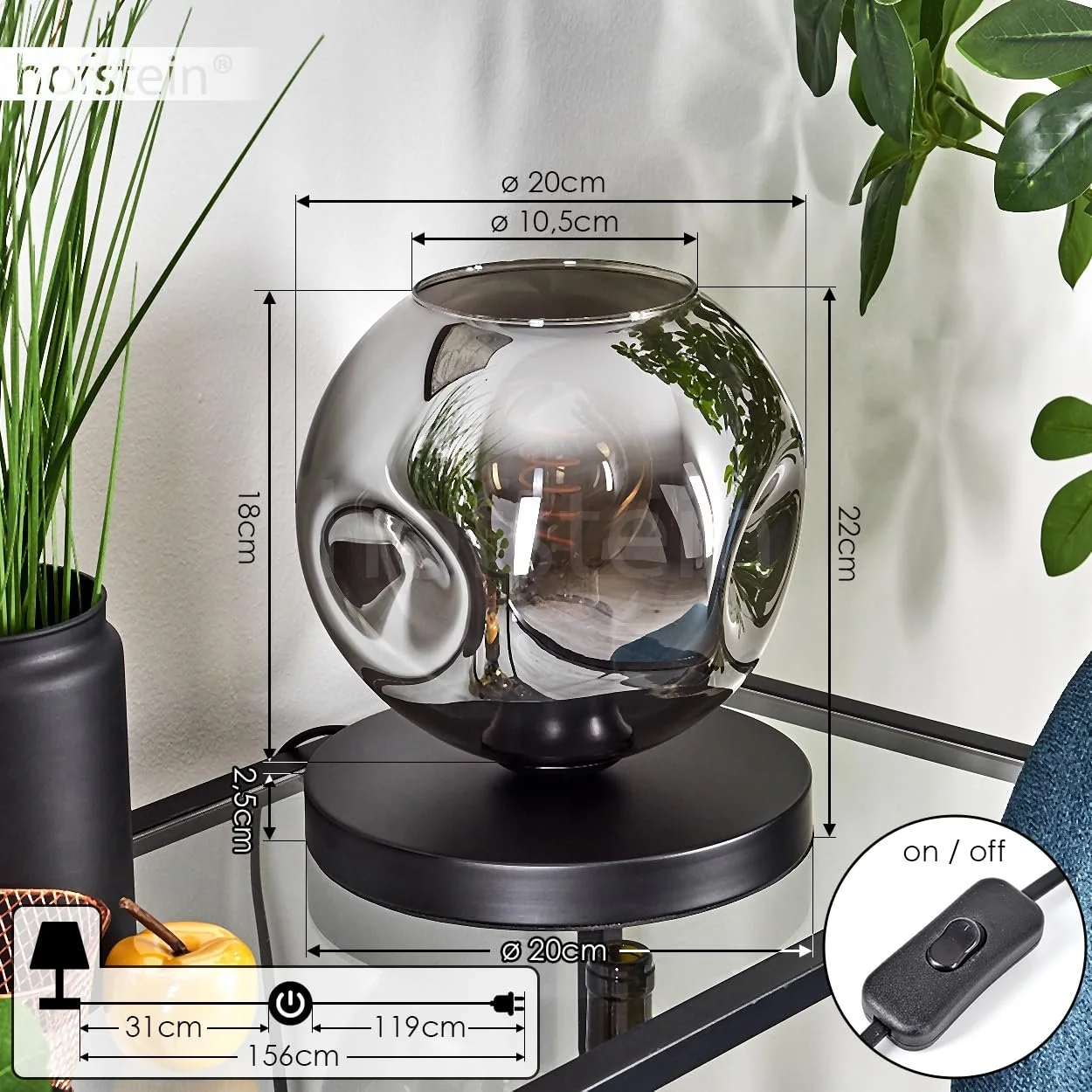 Настільна лампа Ripoll Метал/Скло Ретро/Вінтаж Ø 20 см Перемикач на кабелі 1 x E27 Без лампи Чорний/Димчастий, фото №5