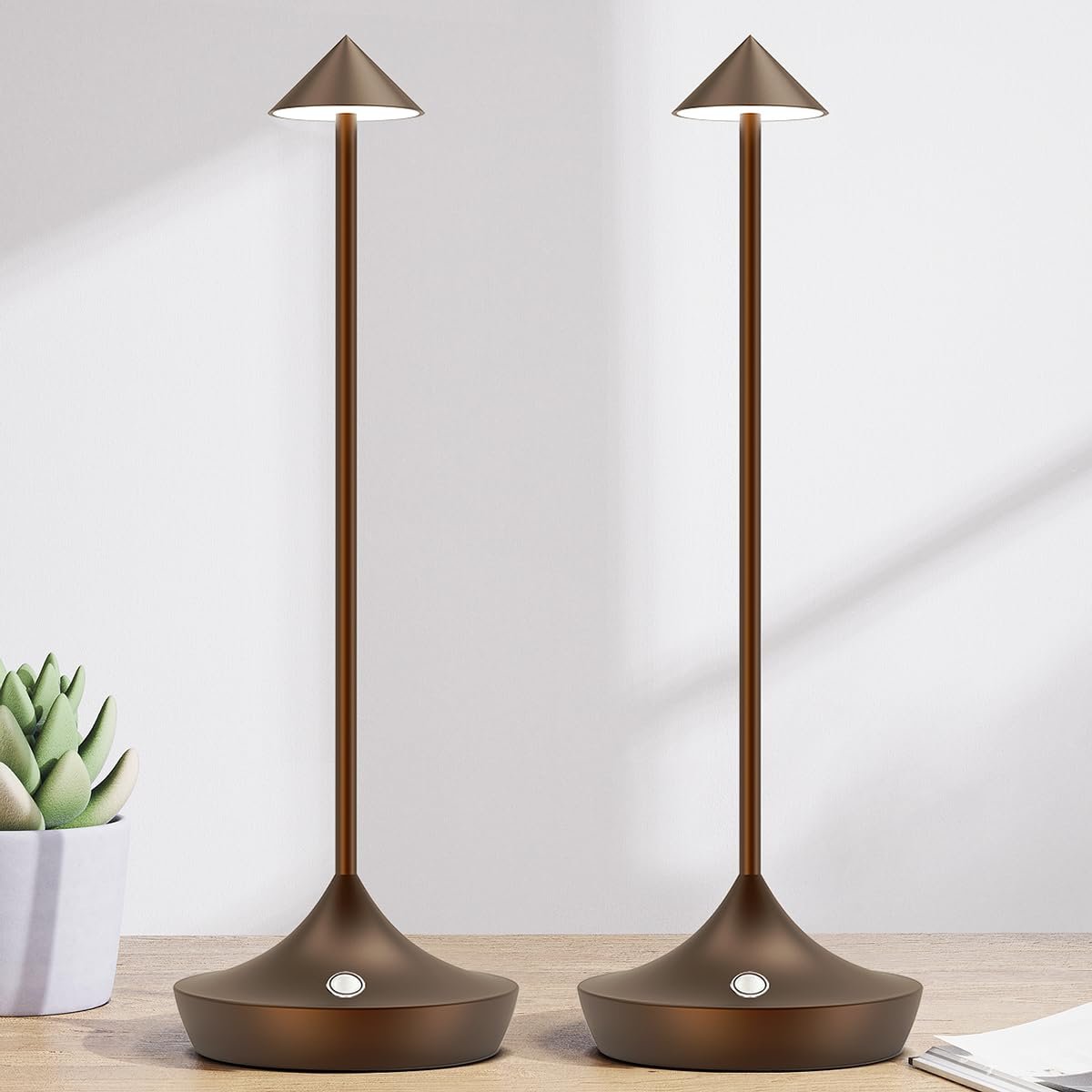 Настільна лампа LED Hapfish акумуляторна бездротова набір з 2 шт. алюмінієва димована 6000 mAh водонепроникна коричнева, фото №1