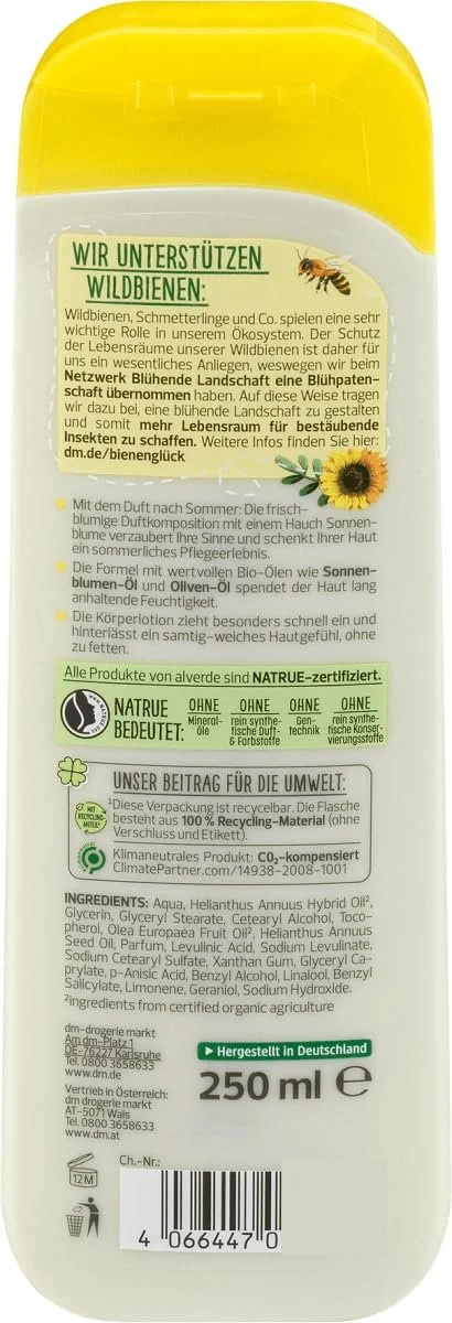 Лосьйон для тіла Alverde Natural Cosmetics Bee Happiness Organic Sunflower Organic Olive Oil 250 мл (Limited Edition), фото №4 Лосьйон для тіла Alverde Natural Cosmetics Bee Happiness Organic Sunflower Organic Olive Oil 250 мл (Limited Edition), фото №4