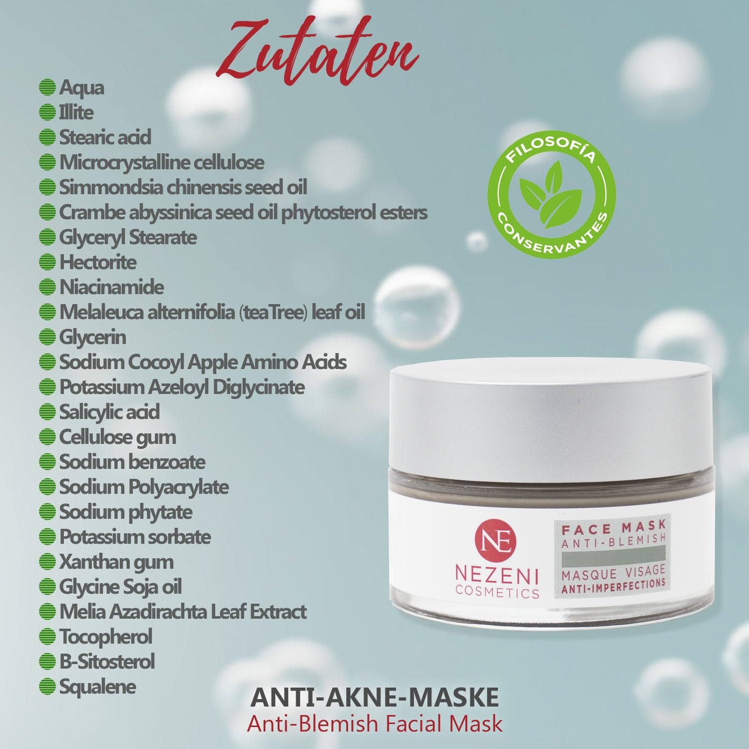 Маска для лица Nezeni от акне 60 мл, 14 активных ингредиентов, салициловая кислота, ниацинамид, азелаиновая кислота, чайное дерево и ним, веганская, для жирной и проблемной кожи, фото №3