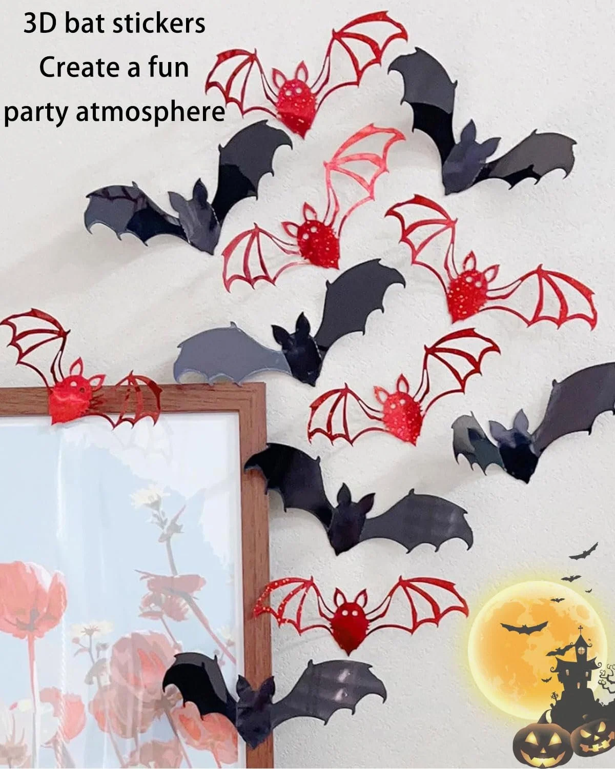 3D-наклейки на стіну Halloween Bats 24 шт. Чорний та Червоний, фото №3