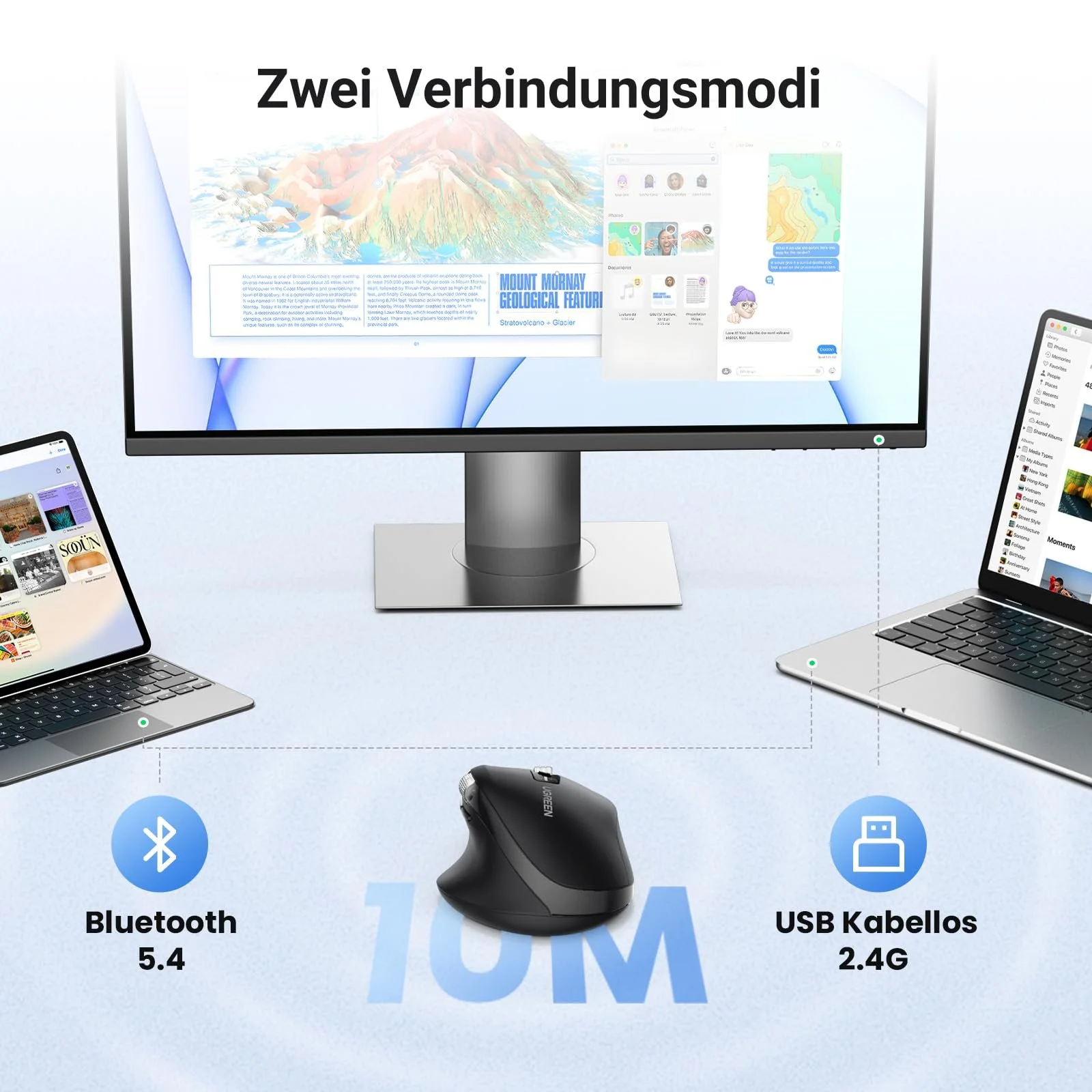 Мышь UGREEN 2.4G & Bluetooth Беспроводная с Ультра Быстрой Прокруткой, Эргономичная с 1000/1600/2400/3200/5000 DPI, Тихий Клик, 10 м Подключение, фото №4