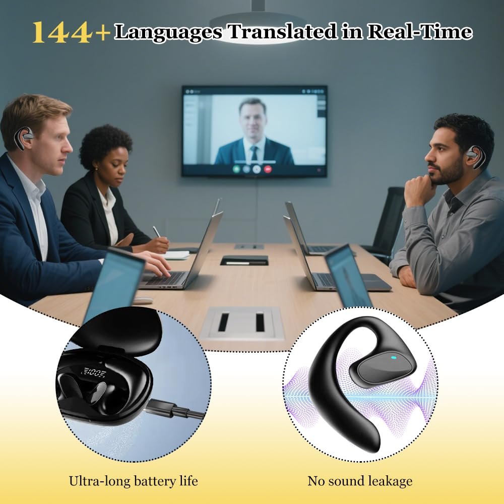 Навушники для перекладу 3-в-1 AI 144 мови для зустрічей, подорожей і навчання Чорний, фото №4