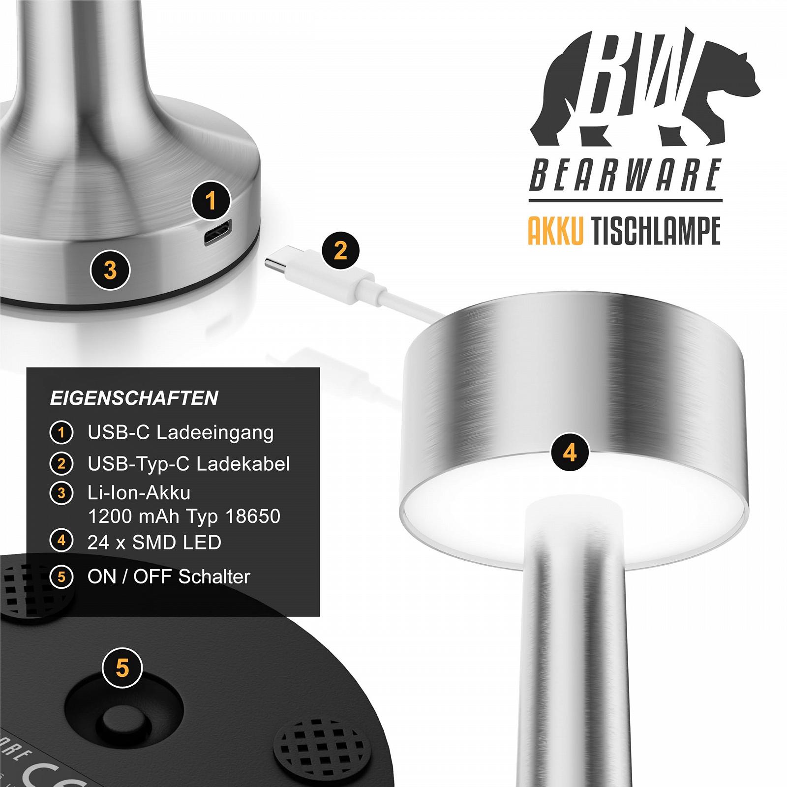 Настольная лампа CSL LED беспроводная, с регулировкой яркости, 3 цвета света, аккумуляторная, сенсорная, USB-C, нержавеющая сталь., фото №4