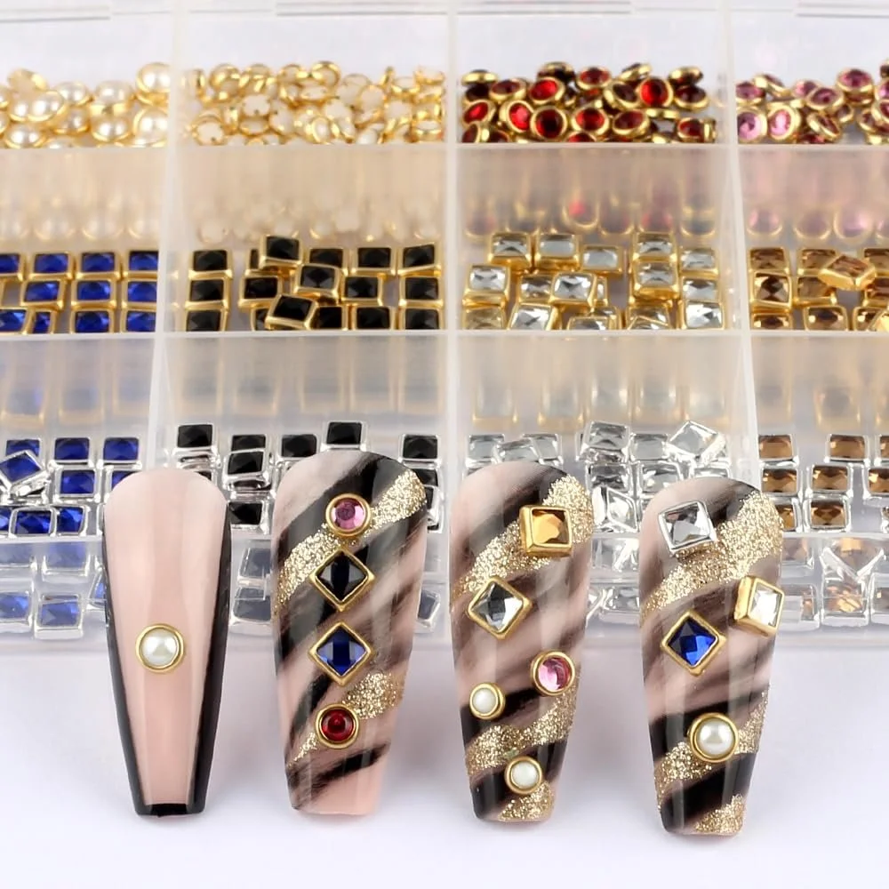 Украшения для ногтей Квадратные/круглые бусины в стиле панк, 12 сеток, металлические блестящие камни, готические заклепки, кристаллы, бриллианты, фото №5