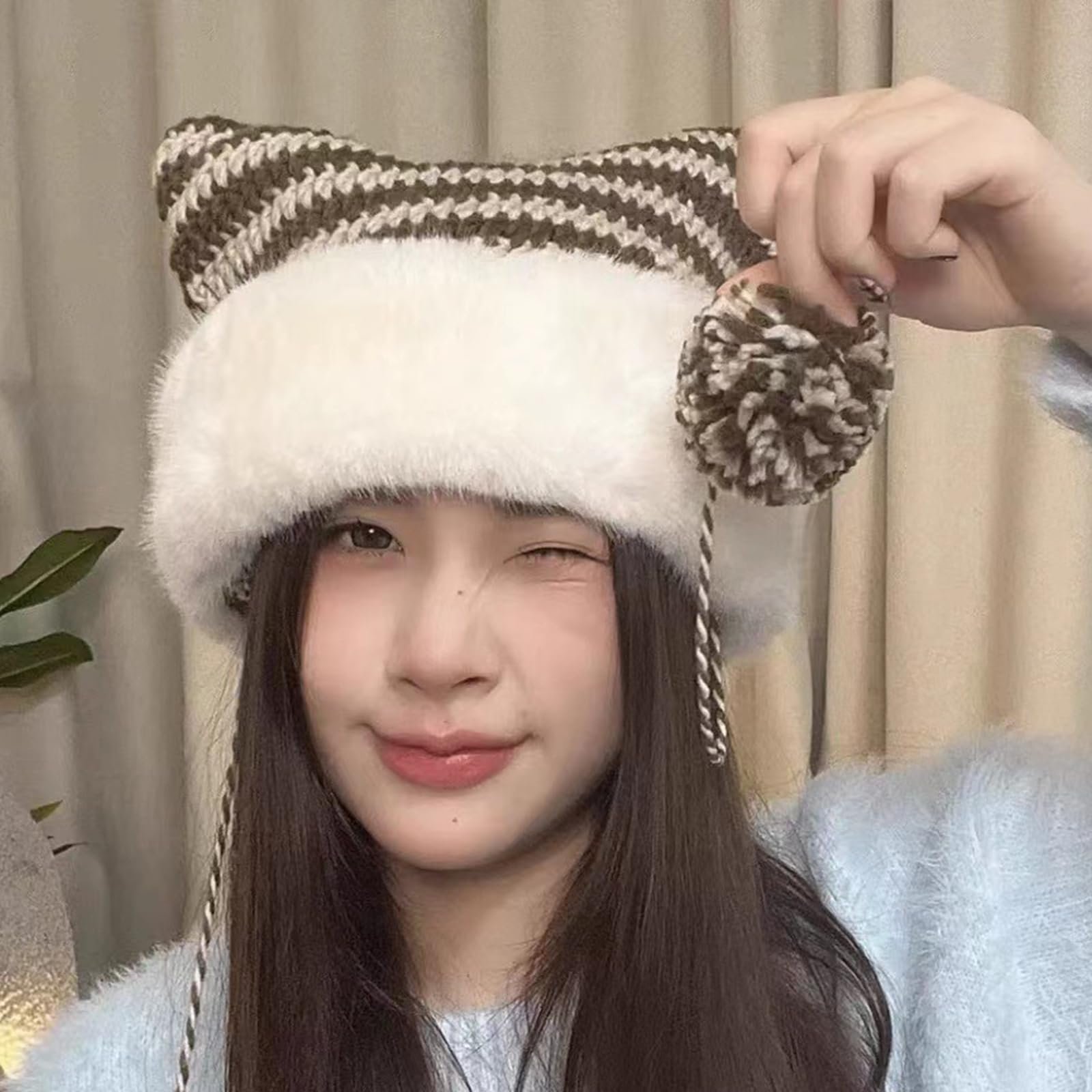 Вязаная теплая полосатая шапка с кошачьими ушками Ldabrye, фото №5 Вязаная теплая полосатая шапка с кошачьими ушками Ldabrye, фото №5