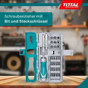 Реверсивна викрутка TOTAL з набором біт та головок 33 штуки 1/4 дюйма synthetic.ua - Фото 1