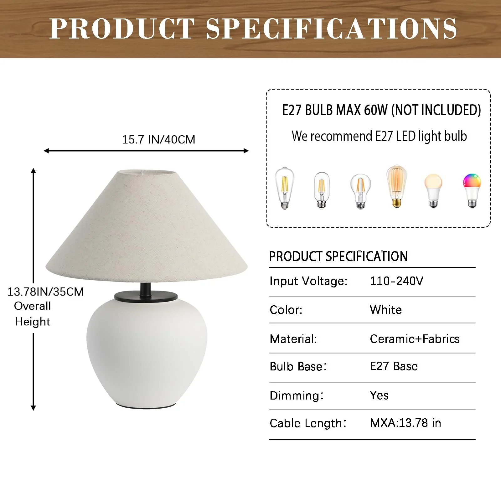 Настільна лампа керамічна Rustic Black Farmhouse Wabi Sabi Vintage Біла, фото №6