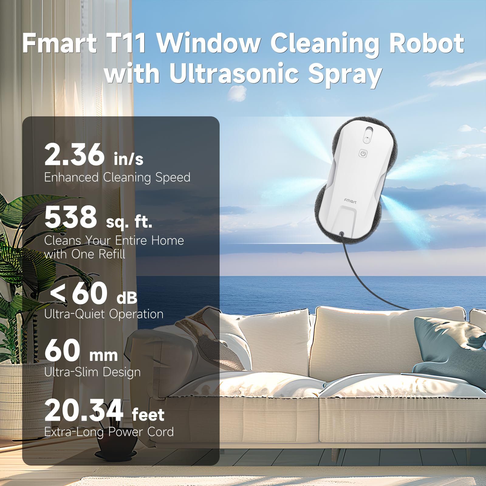Робот для мытья окон Fmart T11 с автоматической системой распыления на четыре стороны, тройной системой безопасности, интеллектуальной навигацией, дистанционным управлением, для всех гладких поверхностей, с 10 салфетками, фото №2