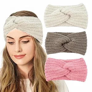 Купити В'язана зимова пов'язка на голову для жінок Beige & Grey & Pink - Фото 1 В'язана зимова пов'язка на голову для жінок Beige & Grey & Pink - Фото 1