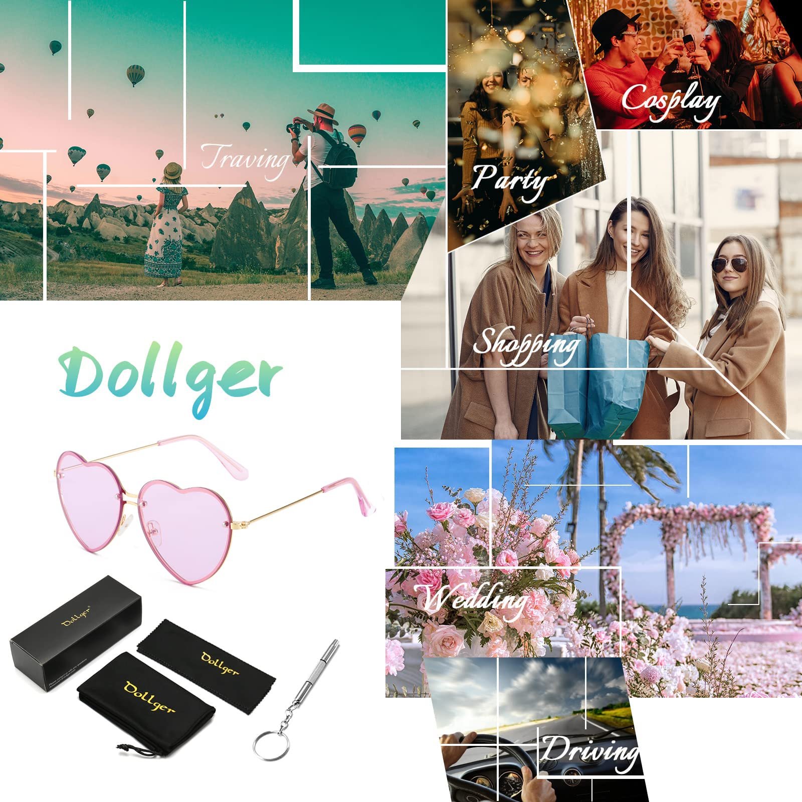 Солнцезащитные очки Сердце Dollger Без оправы Форма сердца Металлическая оправа UV400, фото №7