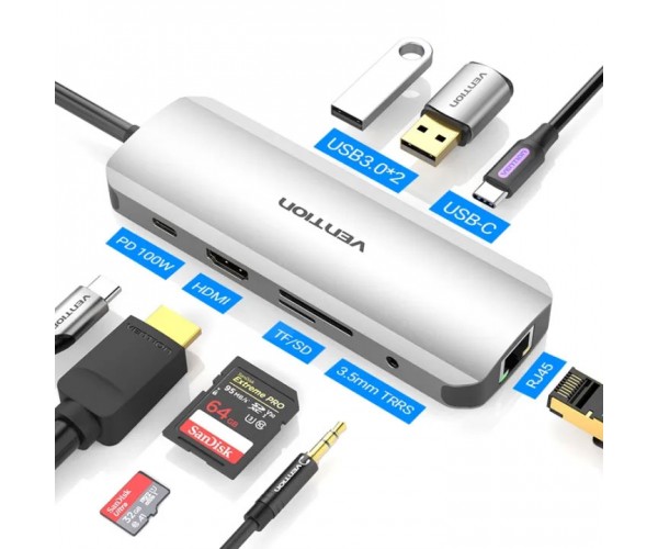 Док-станція USB3.1 Type-C -- HDMI/USB 3.0x2/RJ45/USB-C/SD/TF/TRRS 3.5mm/PD 100W Hub 9-in-1 Vention, фото №7