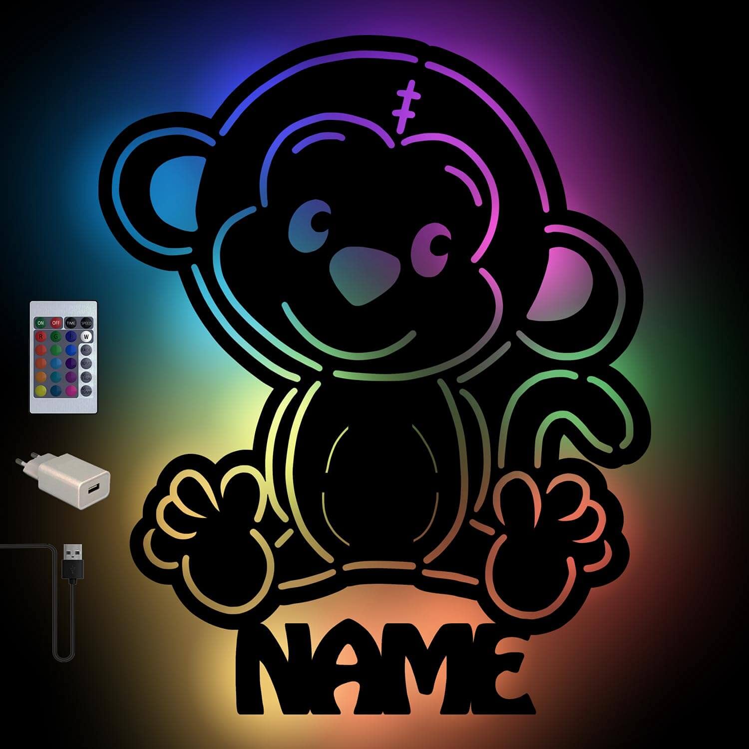 Настенная лампа Monkey цвет меняющаяся ночник подарки для детей с именем с функцией сна деревянное украшение USB + пульт управления, фото №1