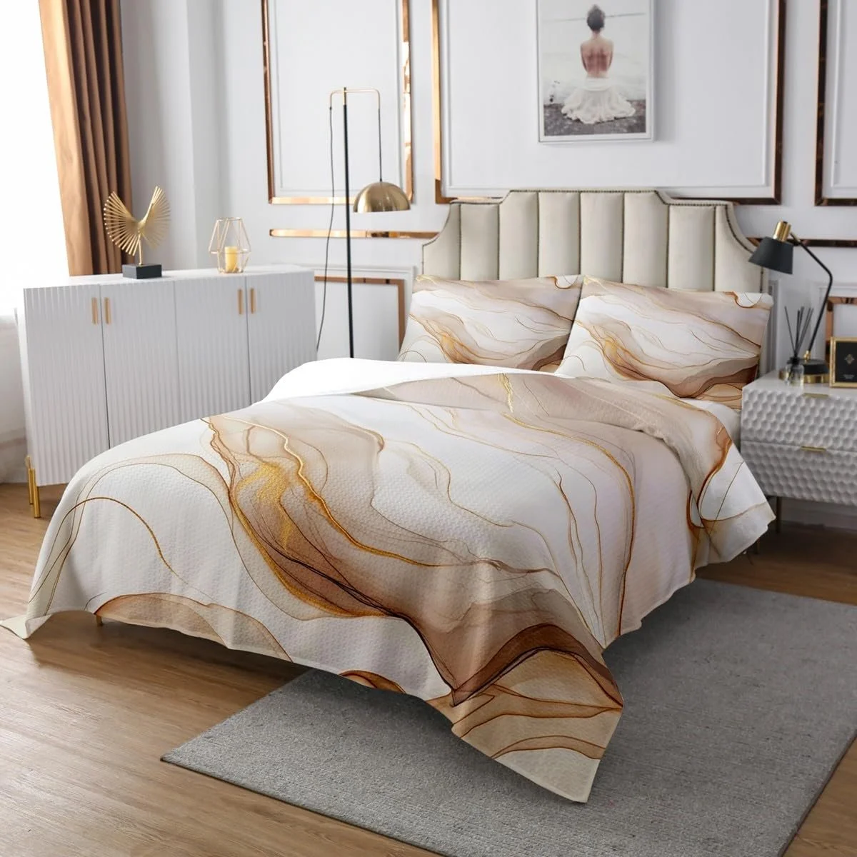 Покрывало Абстрактный Мрамор Коричневая Текстура для взрослых женщин мужчин детей Мраморный Градиент 260x240см Современный Эстетический Галстук-Краска Накидка на кровать 2 Наволочки, фото №3