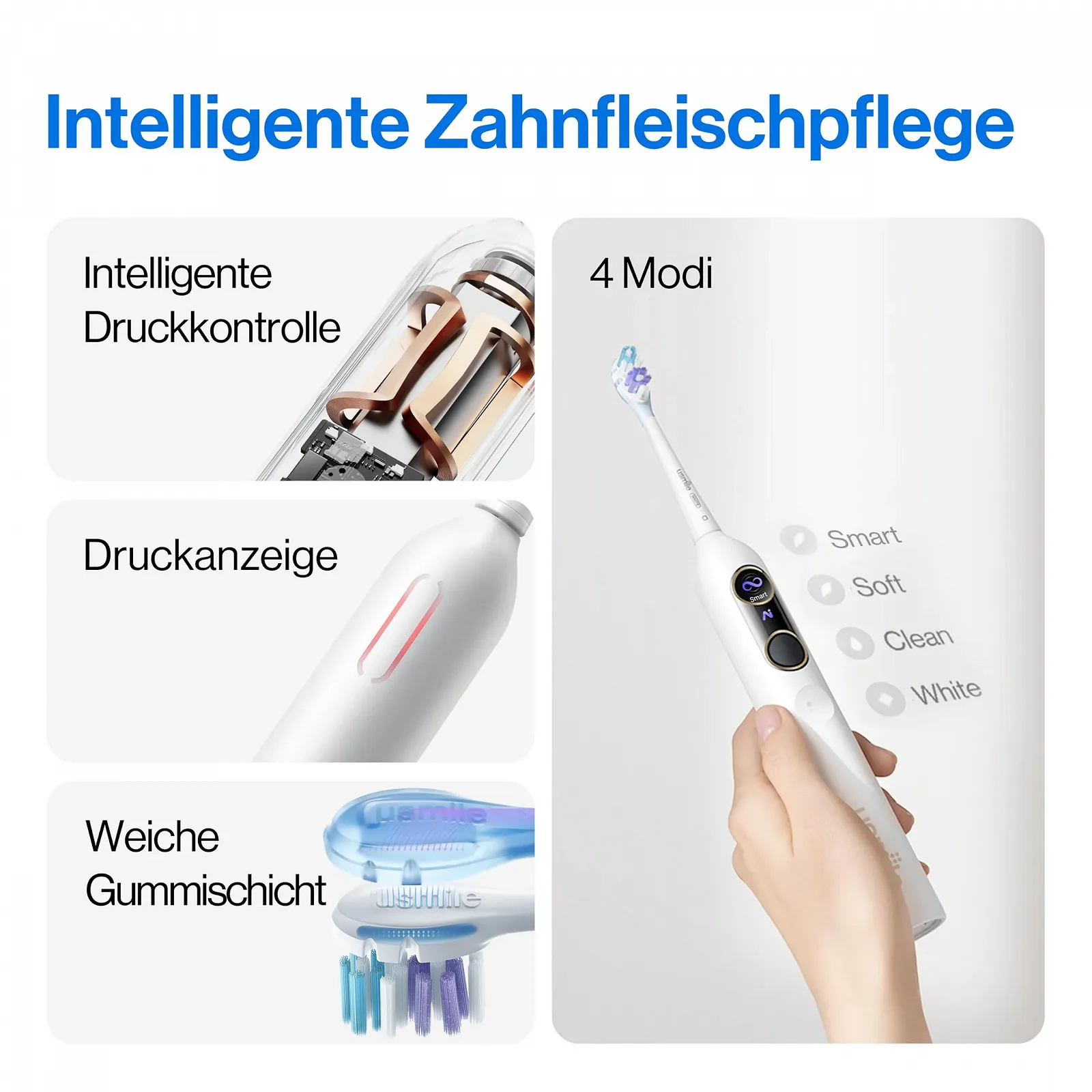 Электрическая звуковая зубная щетка usmile Y10 PRO дисплей датчик давления 4 режима 180 дней работы 2 насадки, фото №7
