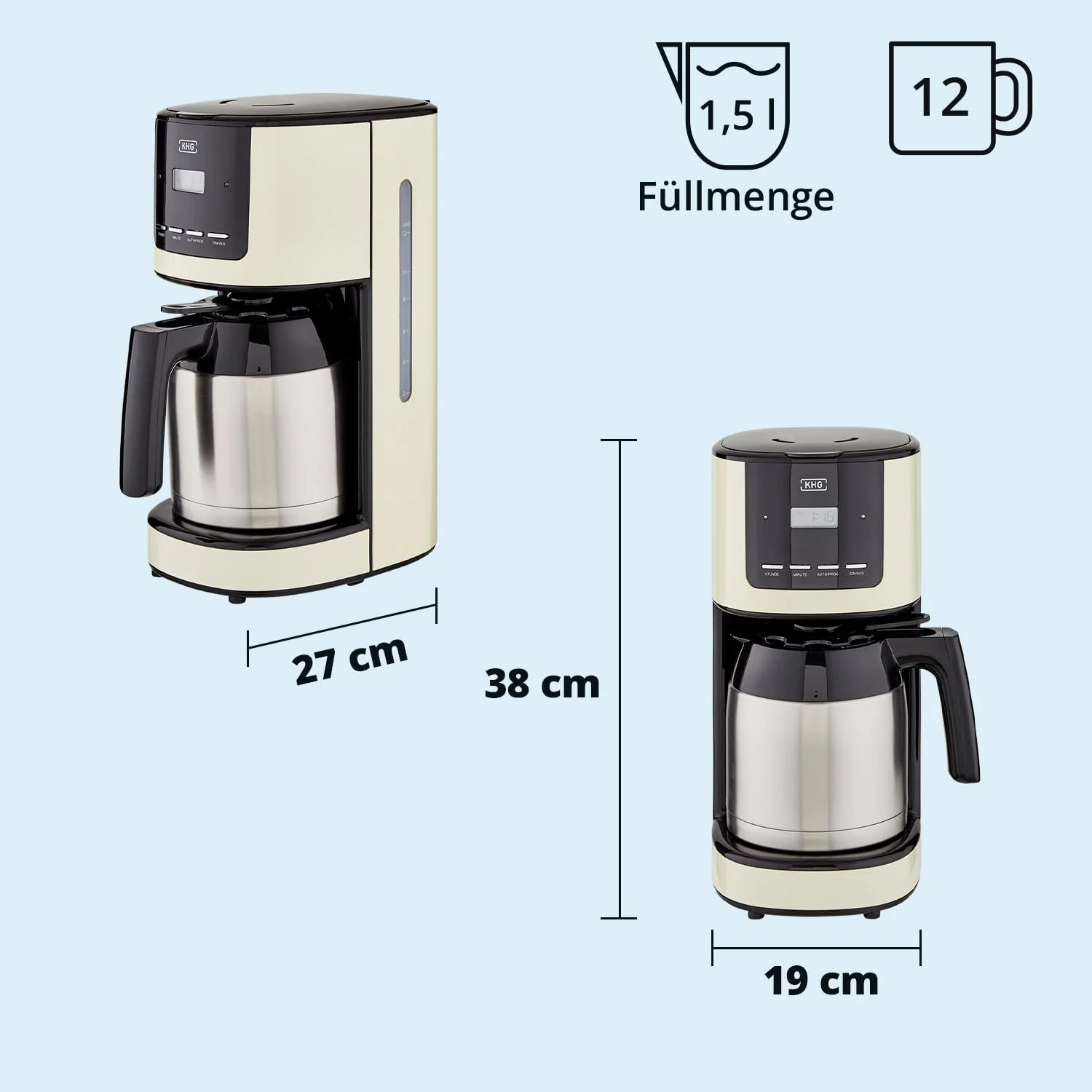 Кофеварка фильтровальная KHG TKA-182 (CE) 1,5 л 12 чашек LCD дисплей Кремовый/Черный/Серебристый, фото №4