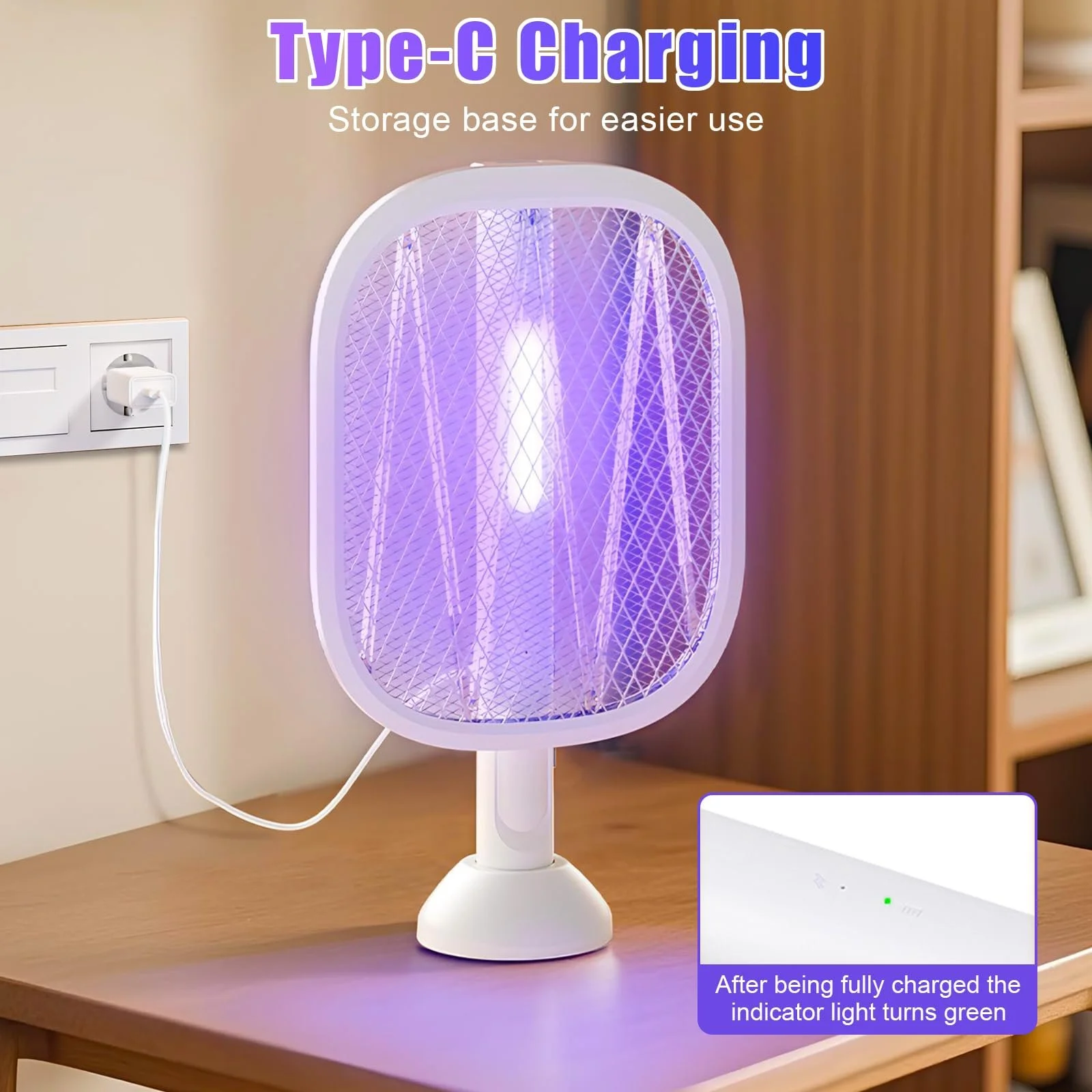 Електрична Мухобійка 2-в-1 4000 V USB C акумуляторна з УФ-пасткою Біла, фото №6
