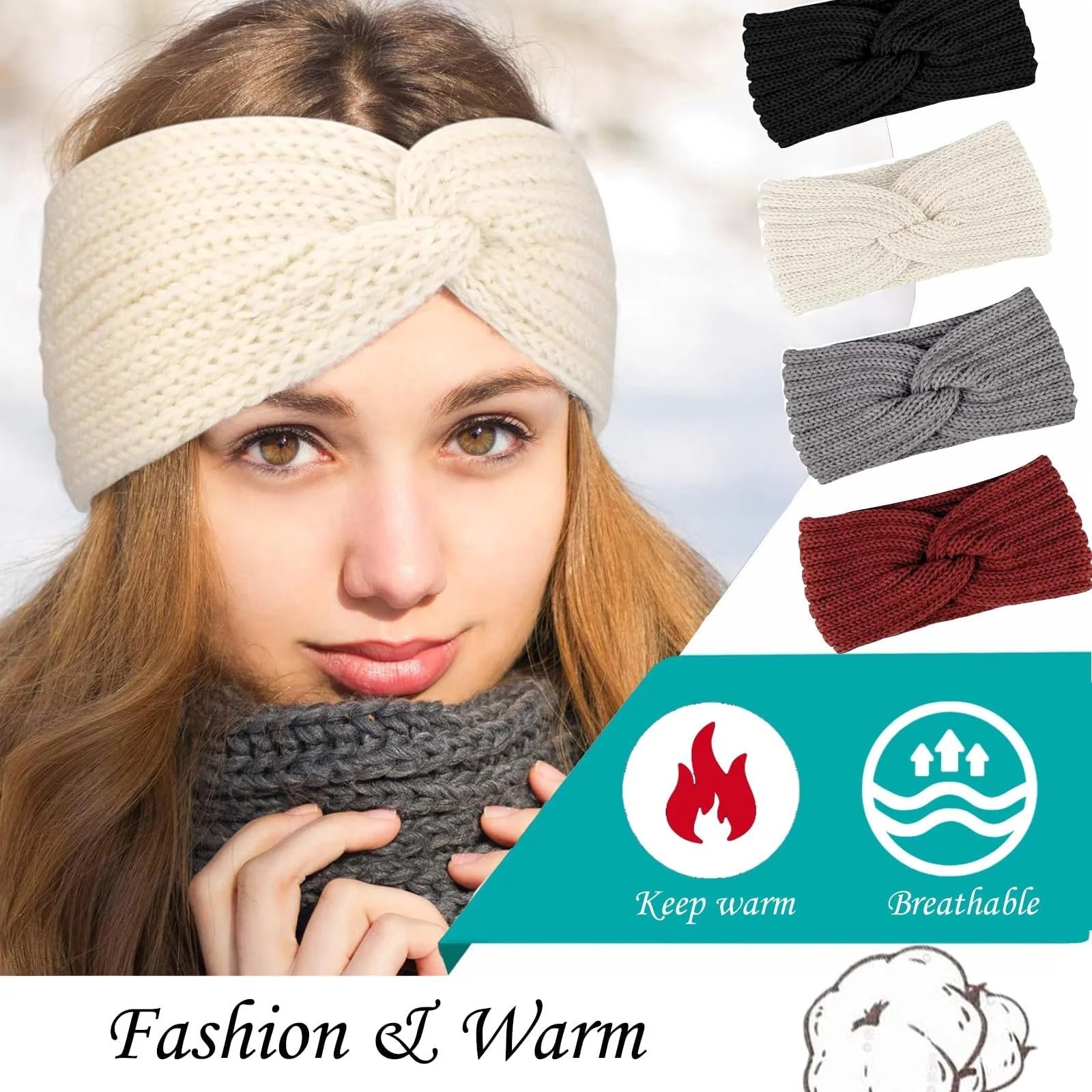 Пов'язка на голову В'язана еластична Осінь-Зима Комплект з 4 штук, фото №3