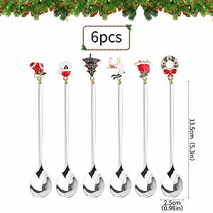 Кофейные ложки Рождественские, упаковка 6 штук, из нержавеющей стали, десертные чайные ложки с рождественскими подвесками, рождественская елка, шляпа лося, колокольчики для чая, супа, подарочная упаковка (серебро) synthetic.ua - Фото 1