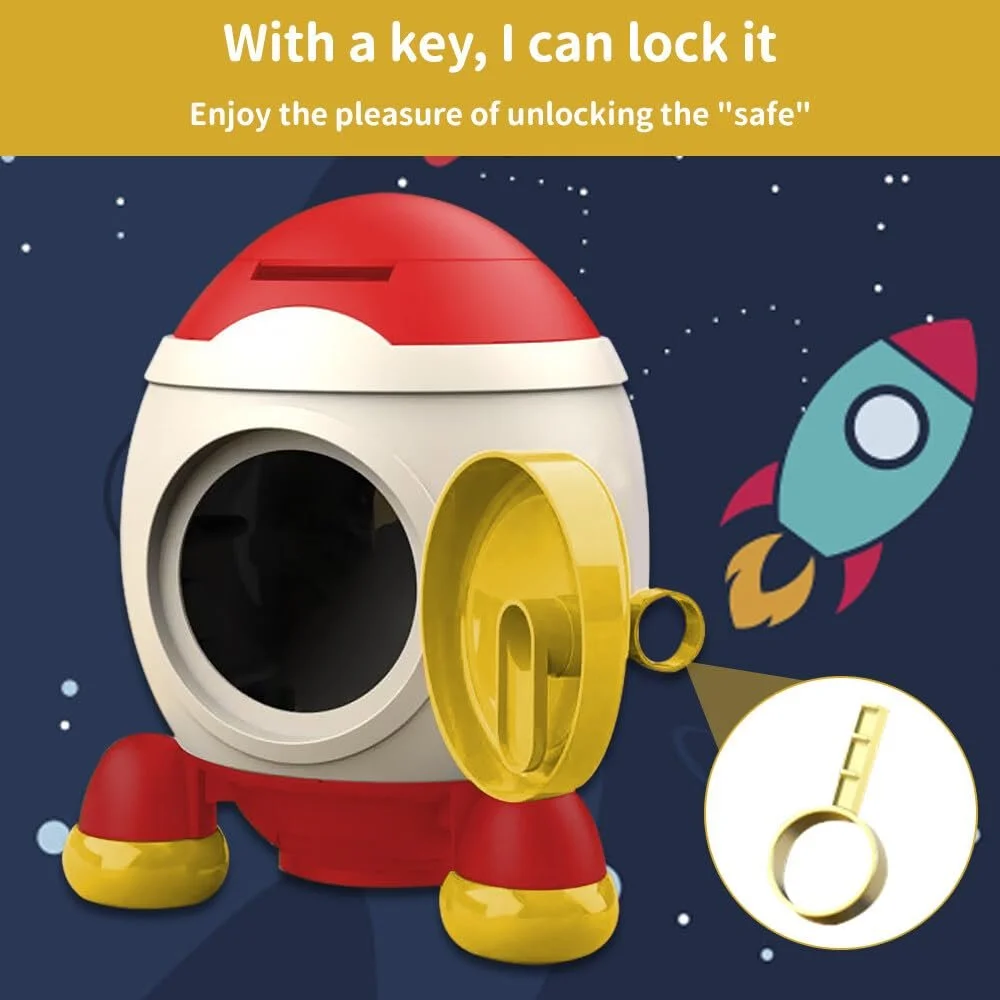Скарбничка Rocket Astronaut Large Personalised з мультяшними наклейками та ключем, фото №2