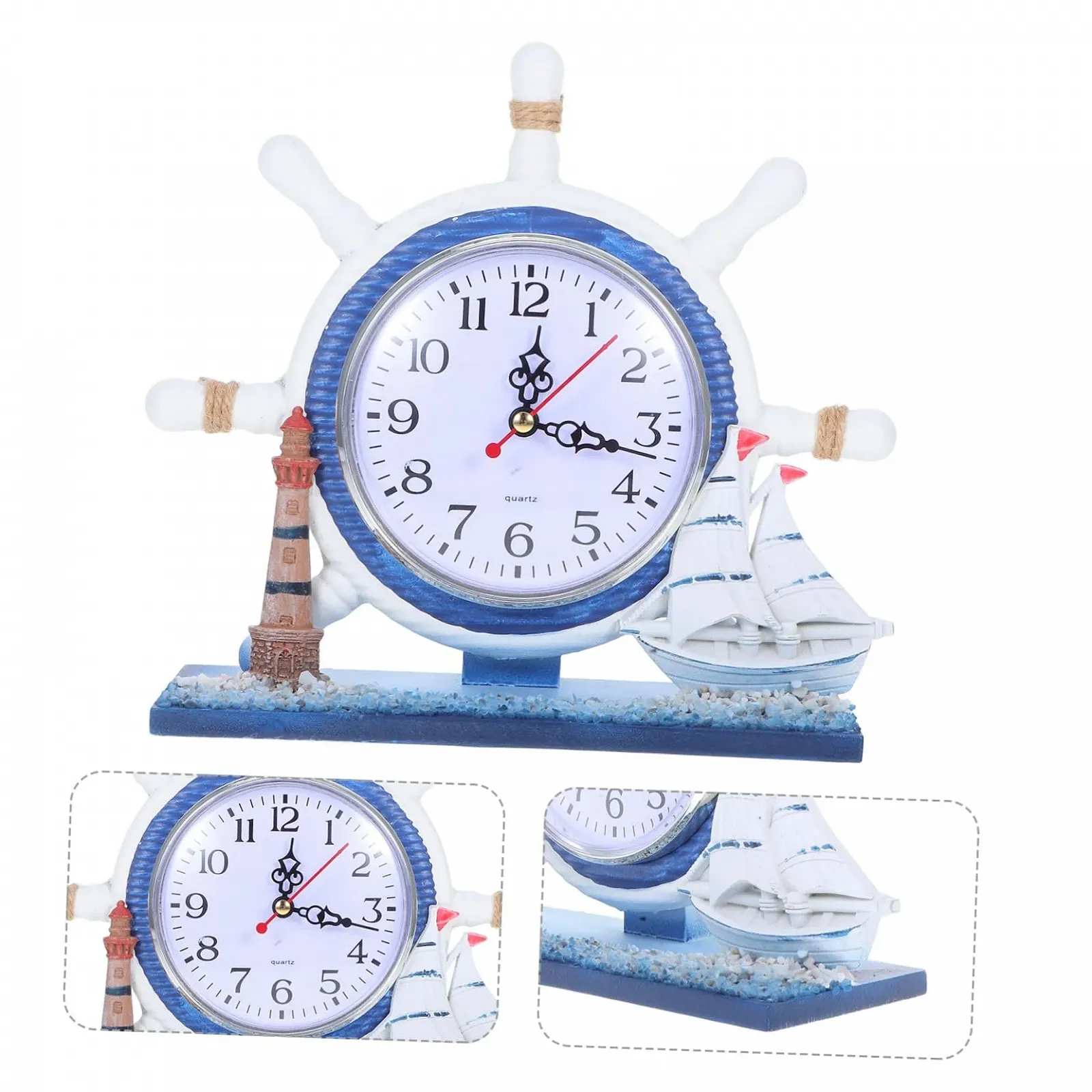 Настільний годинник MUCKLILY Nautical Silent, Вінтажний будильник з маяком та штурвалом для прибережного декору, фото №8