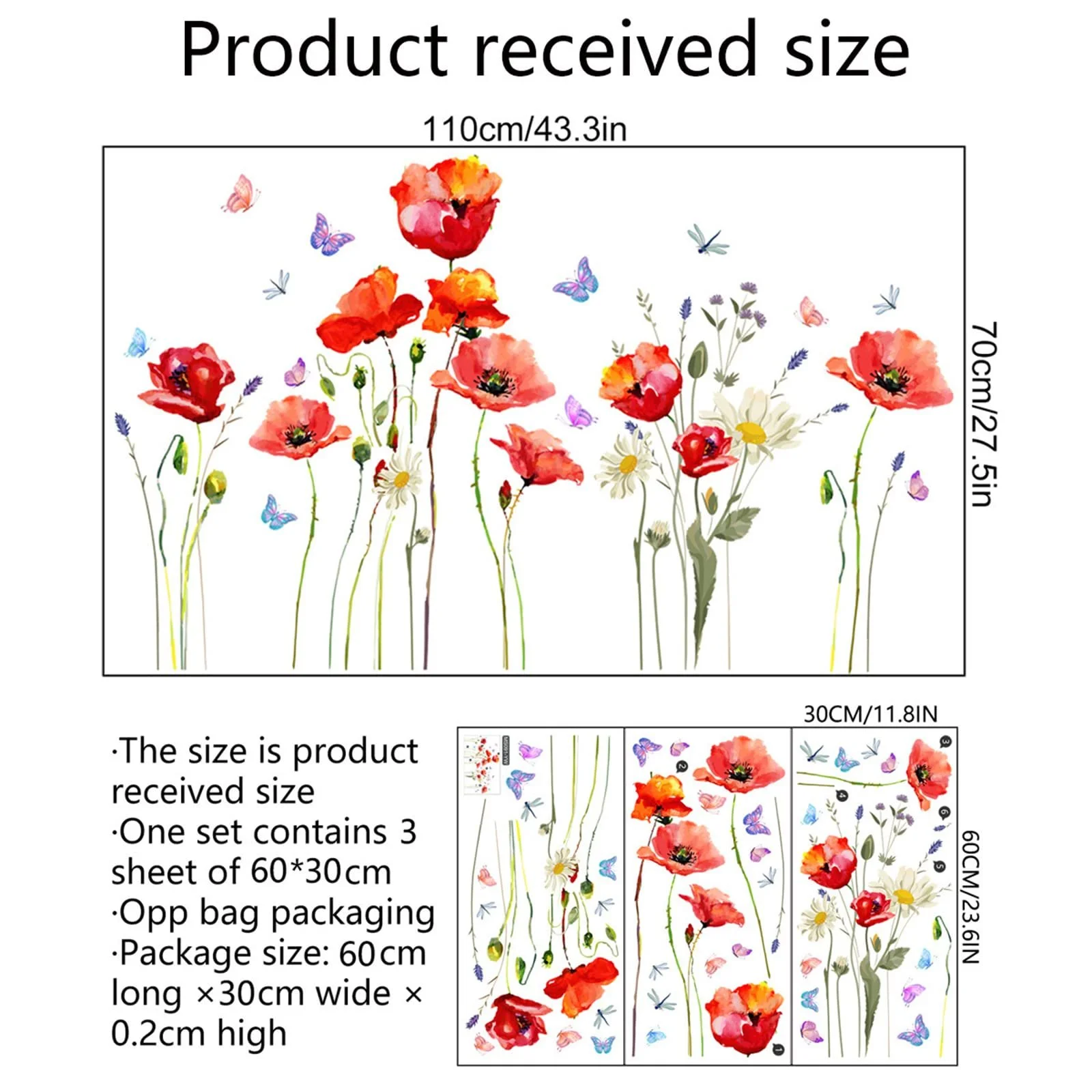 Наклейка на стіну Tianher Garden Flowers Квіти та метелики 70 x 110 см, фото №3