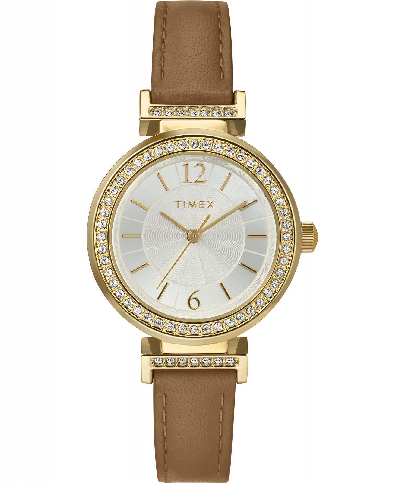 Жіночий годинник Timex Dress 31 мм - Коричневий шкіряний ремінець Сріблястий циферблат Золотистий корпус, фото №1