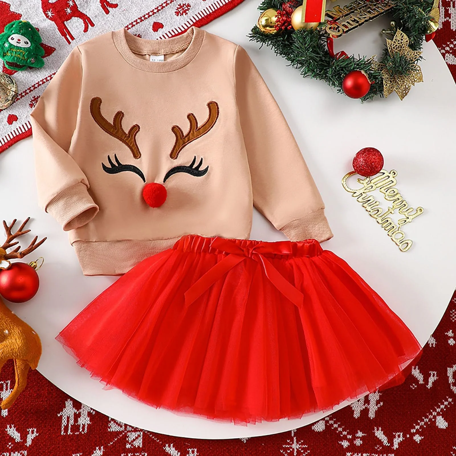 Джемпер Generisch Зимний 2026 для девочек: Джемпер с длинными рукавами с вышивкой оленя и сетчатой юбкой для возраста 1-5 лет, фото №3