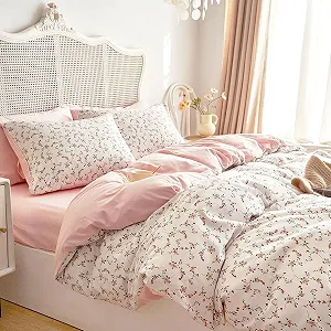 Постільна білизна Lanqinglv 135 x 200 см, рожева, біла, листя, квіти, рослинний візерунок, двостороння, мікрофібра - Фото 1