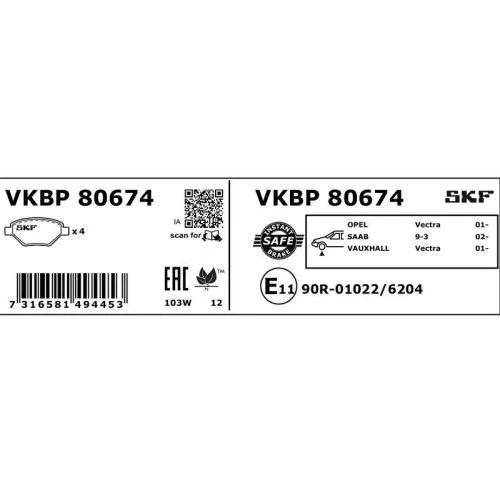 Комплект тормозных колодок, дисковый тормоз SKF VKBP 80674 для OPEL SAAB VAUXHALL CADILLAC, фото №2